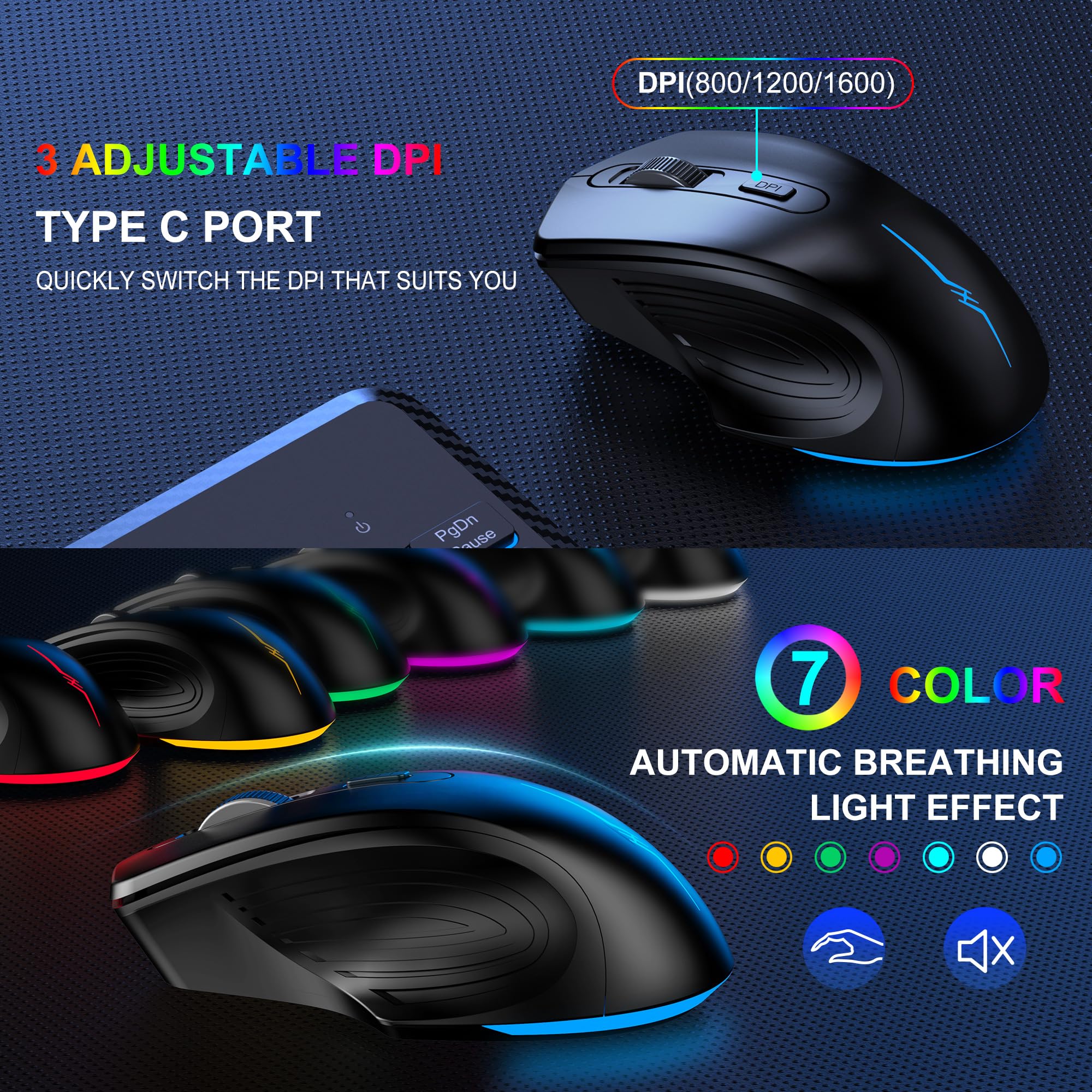 Ergonomic Wireless Keyboard and Mouse Combo with RGB Backlit, Rechargeable & Quiet Design - Includes Phone Holder & Wrist Rest for Mac, Windows, PC, Laptop | Perfect for Office, Gaming & Home Use