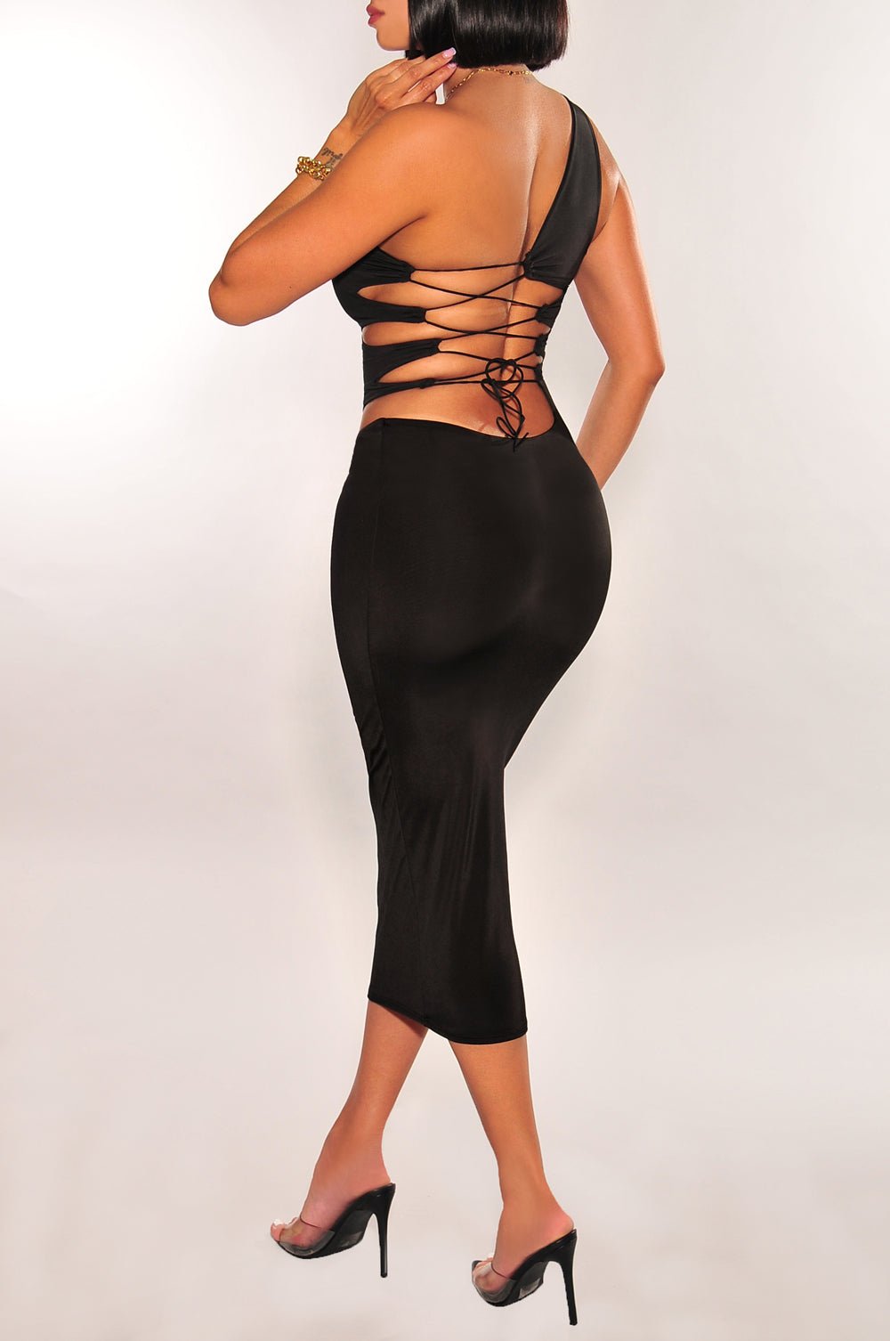 Elegant Black Silky One Shoulder Lace Up Back Dress for Evening Party, Cocktail Night & Special Occasions