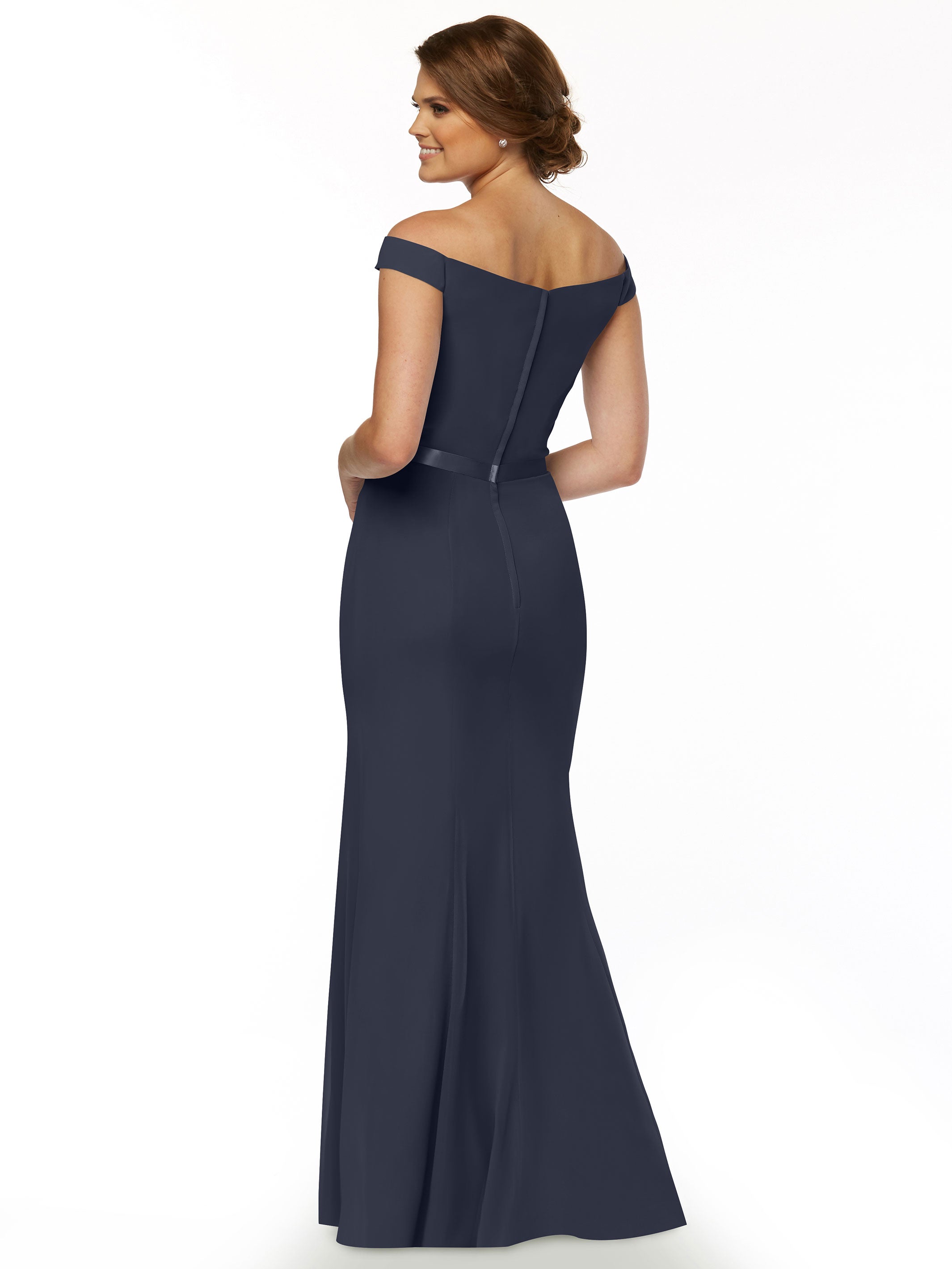 Elegant Off-The-Shoulder Chiffon Bridesmaid Dress with Ribbon Belt - Flowy Fit & Flare Design for Weddings, Parties & Special Occasions | Style #80079
