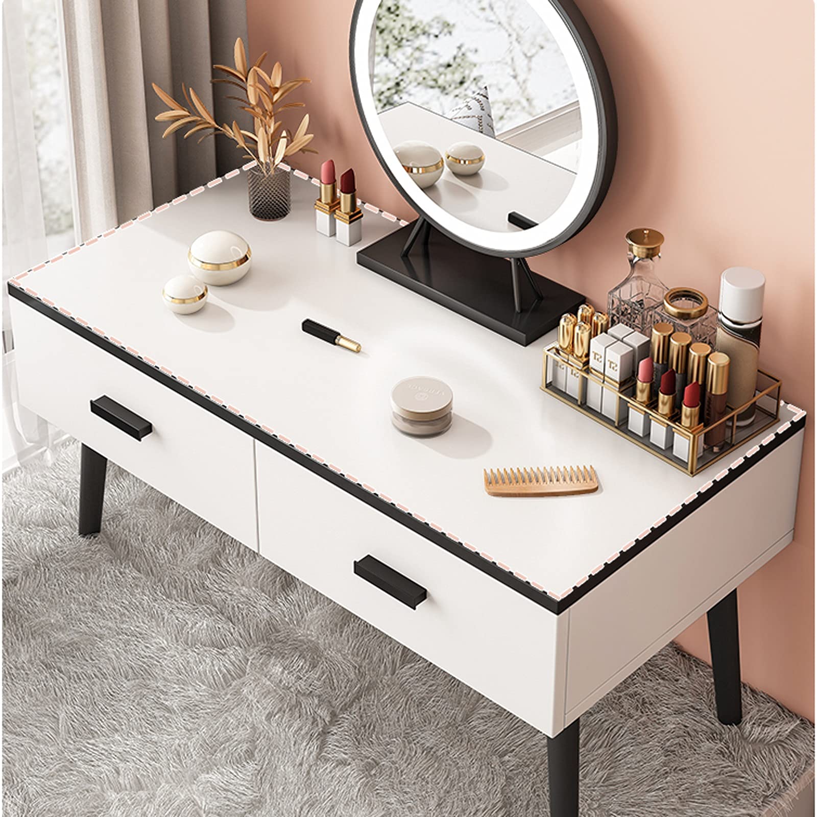 Modern Minimalist Vanity Desk with LED Touch Screen Mirror & 2 Drawers - 80cm Small Dressing Table for Bedroom Makeup & Skincare - Perfect for Small Spaces, Apartment Living & Glam Room Decor