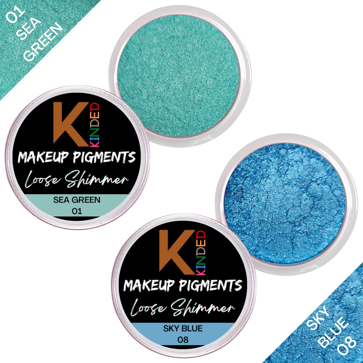 KINDED Loose Shimmer Makeup Foil Pigments - Metallic Glitter Eyeshadow for Women, Smokey Eyes & Face Highlighter, Shiny Dust Powder Pearls (Combo 3gm each, Sea Green & Sky Blue) - Perfect for Party Makeup, Festival Looks & Special Occasions