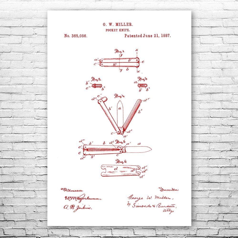 Balisong Butterfly Knife Blueprint Art Print - 20x30 Inch Red & White Poster for Knife Makers, Collectors & Martial Arts Enthusiasts - Perfect for Workshop, Man Cave & Dojo Decor