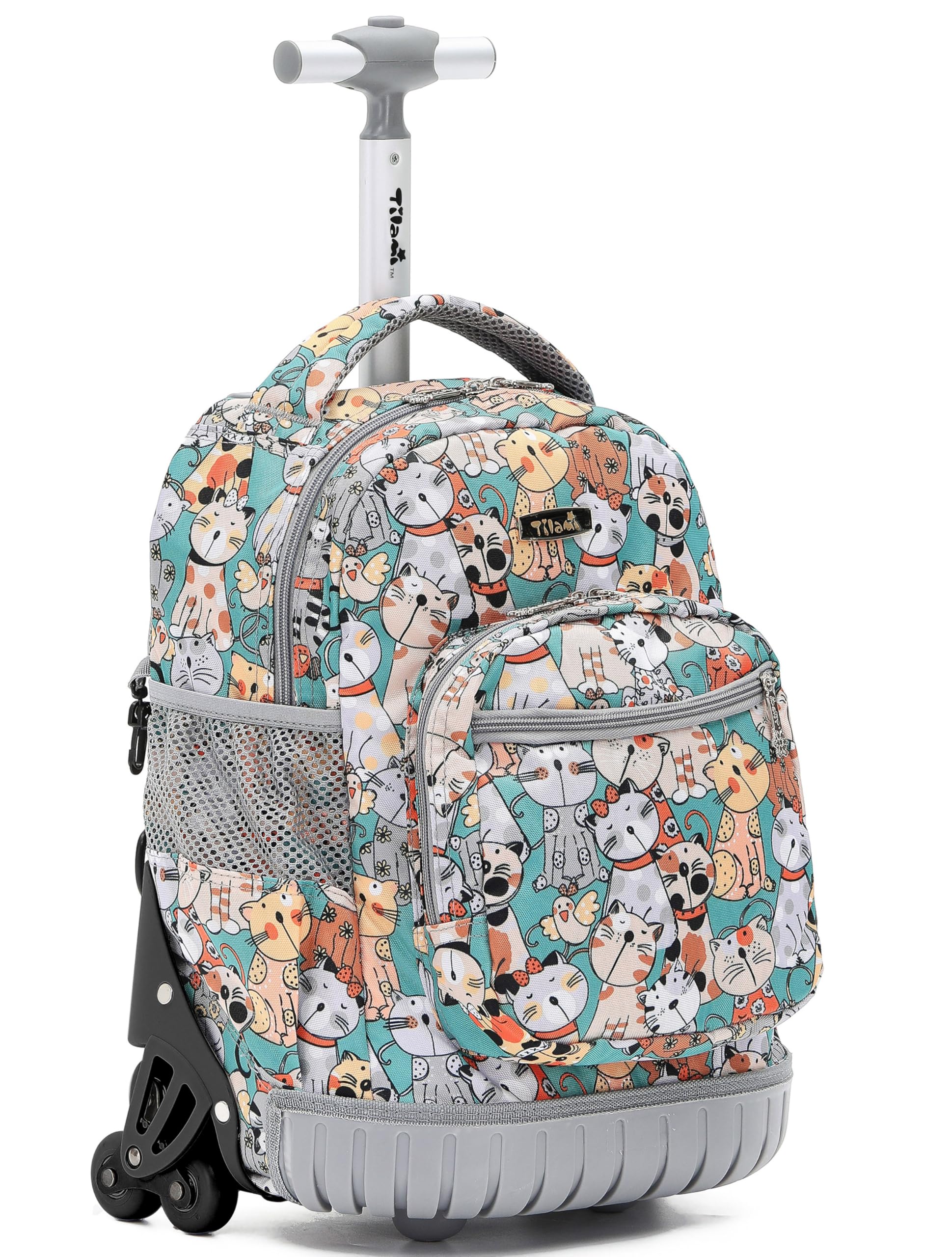 TILAMI 16 Inch Rolling Backpack for Kids - Adjustable Laptop Backpack with Wheels for School, Travel & Camping | Durable Wheeled Backpack for Boys & Girls | Cat Pattern Design | Perfect for Daily Use, Weekend Trips and Outdoor Adventures