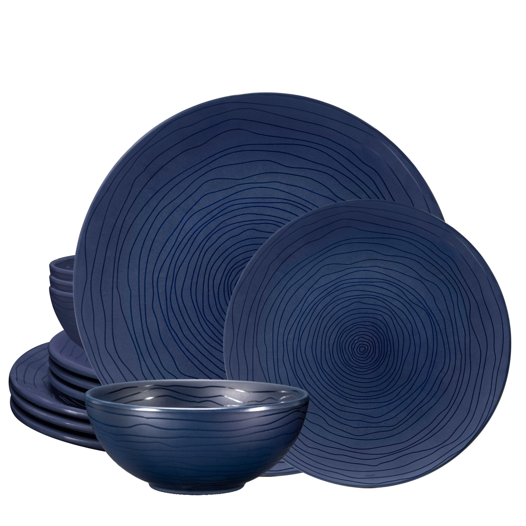 12-Piece Organic Melamine Dinnerware Set - French Navy Plates & Bowls for Outdoor Dining, Picnics, and Camping