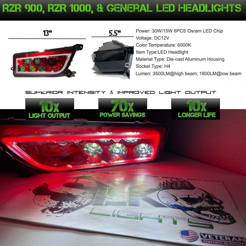Premium SLK-Lights RZR LED Headlight Kit - Compatible with Polaris General & RZR 900s/1000 XP Turbo (2015-2021 Models) - Red Halo Ring - High Performance Off-Road Lighting for Night Trail Riding & Dune Bashing