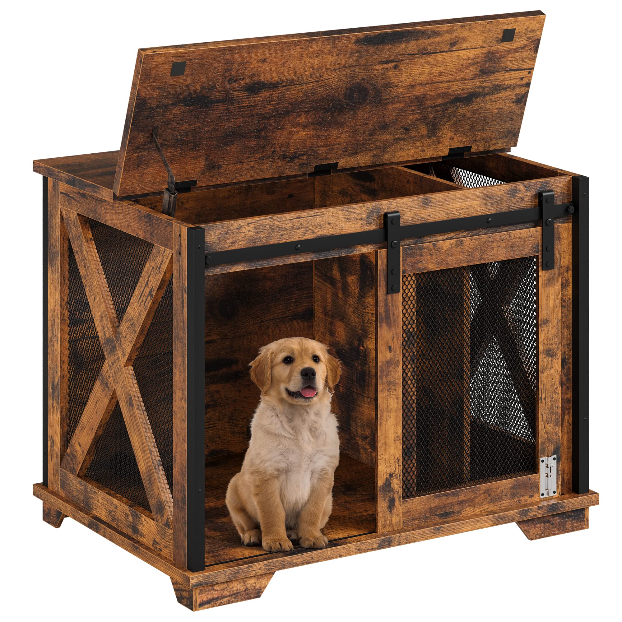 GAOMON Sliding Doors Wooden Dog Crate Furniture with End Table & Flip-Top Plate - Indoor Rustic Brown Pet Kennel for Small to Medium Dogs | Perfect for Living Room, Bedroom & Home Decor
