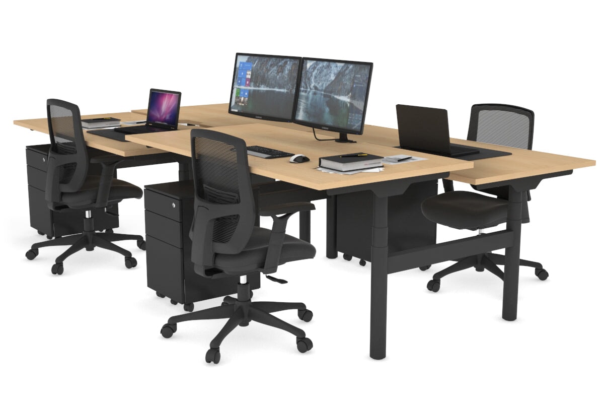 Flexi Premium 4-Person Height Adjustable H Bench Workstation - Black Frame (1600L x 800W) with Cable Management | Ideal for Office, Coworking Spaces & Home Workstations