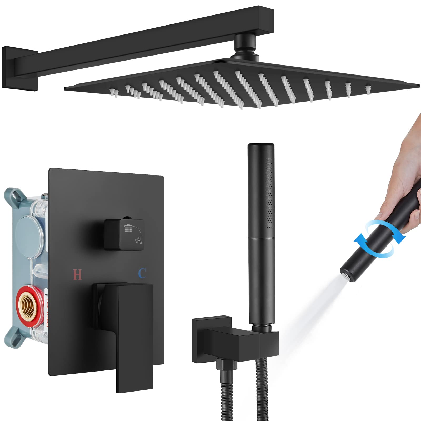 Gotonovo Matte Black 12 Inch Square Shower Faucet Set - Wall Mount Rainfall Shower System with 2-in-1 Cylindrical Handheld Showerhead and Rough-in Valve for Modern Bathroom Renovation | Perfect for Spa-Like Shower Experience and Luxury Home Upgrade