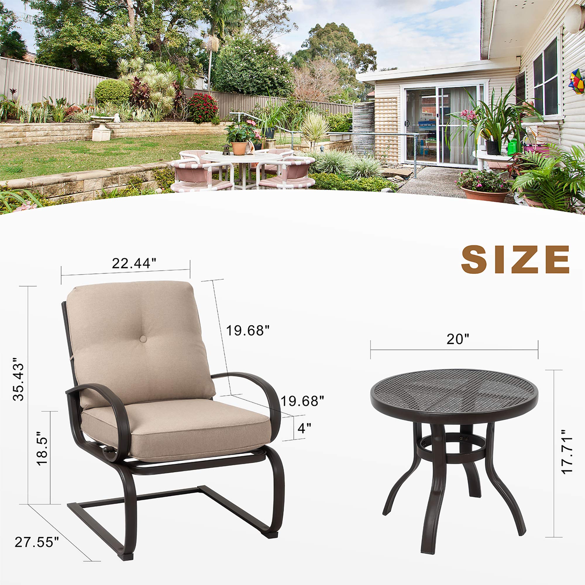 3-Piece Outdoor Patio Bistro Set with Spring Motion Chairs & Round Table - Steel Frame Conversation Furniture with Cushions (Beige) - Perfect for Garden, Balcony, and Indoor Lounge Areas
