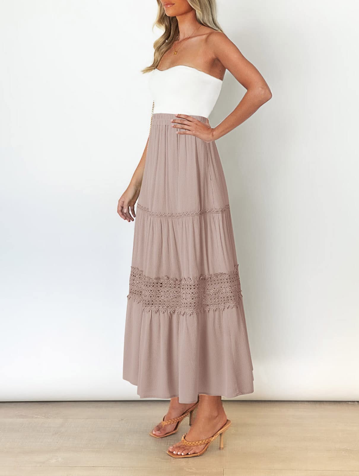 MEROKEETY Women's Boho Elastic High Waist Pleated A-Line Ruffle Lace Trim Tiered Midi Maxi Skirt with Pockets - Perfect for Summer, Beach, Vacation & Casual Outfits