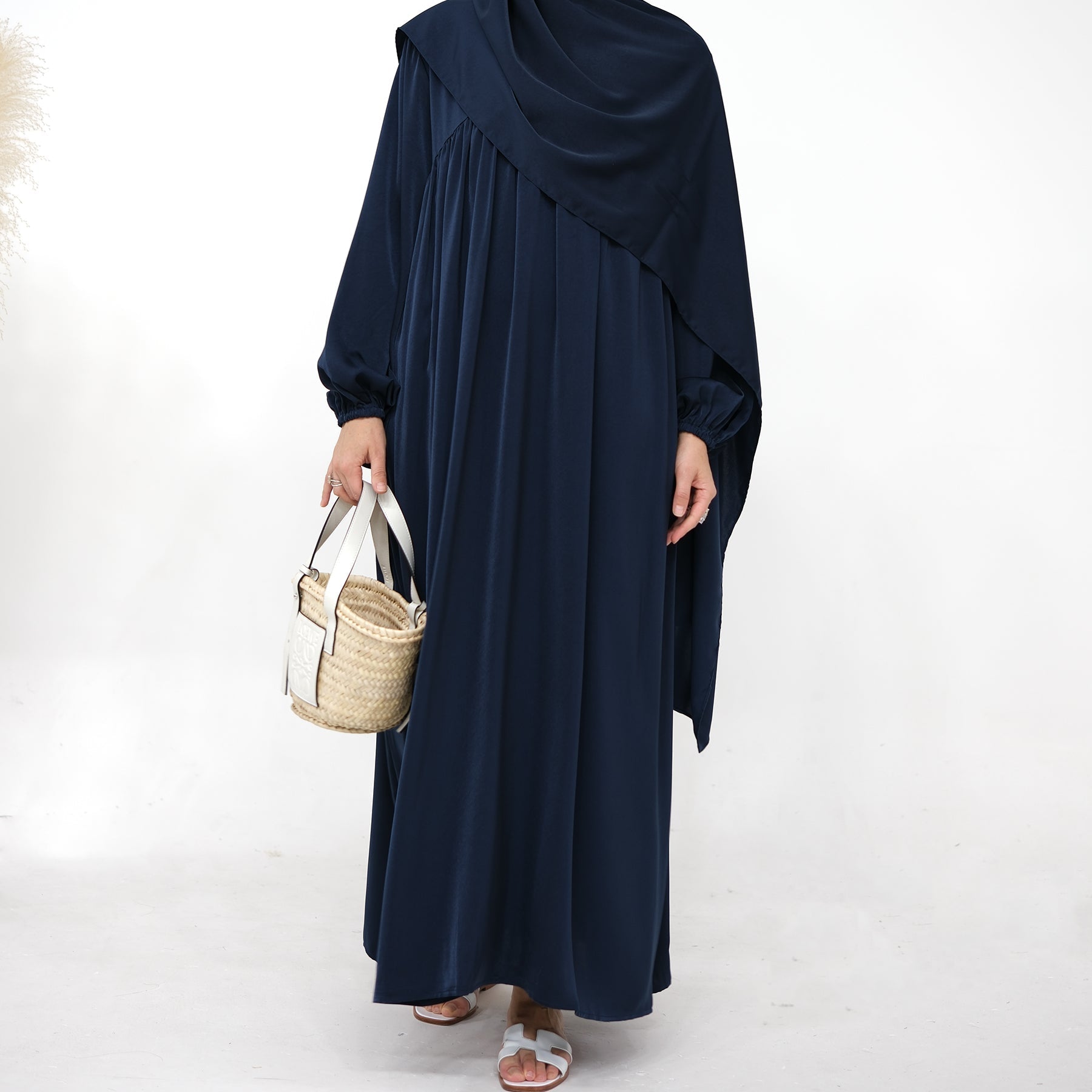 Amelia Satin Abaya Set for Women - Navy Blue Modest Islamic Prayer Dress | Perfect for Eid, Ramadan, Mosque & Special Occasions