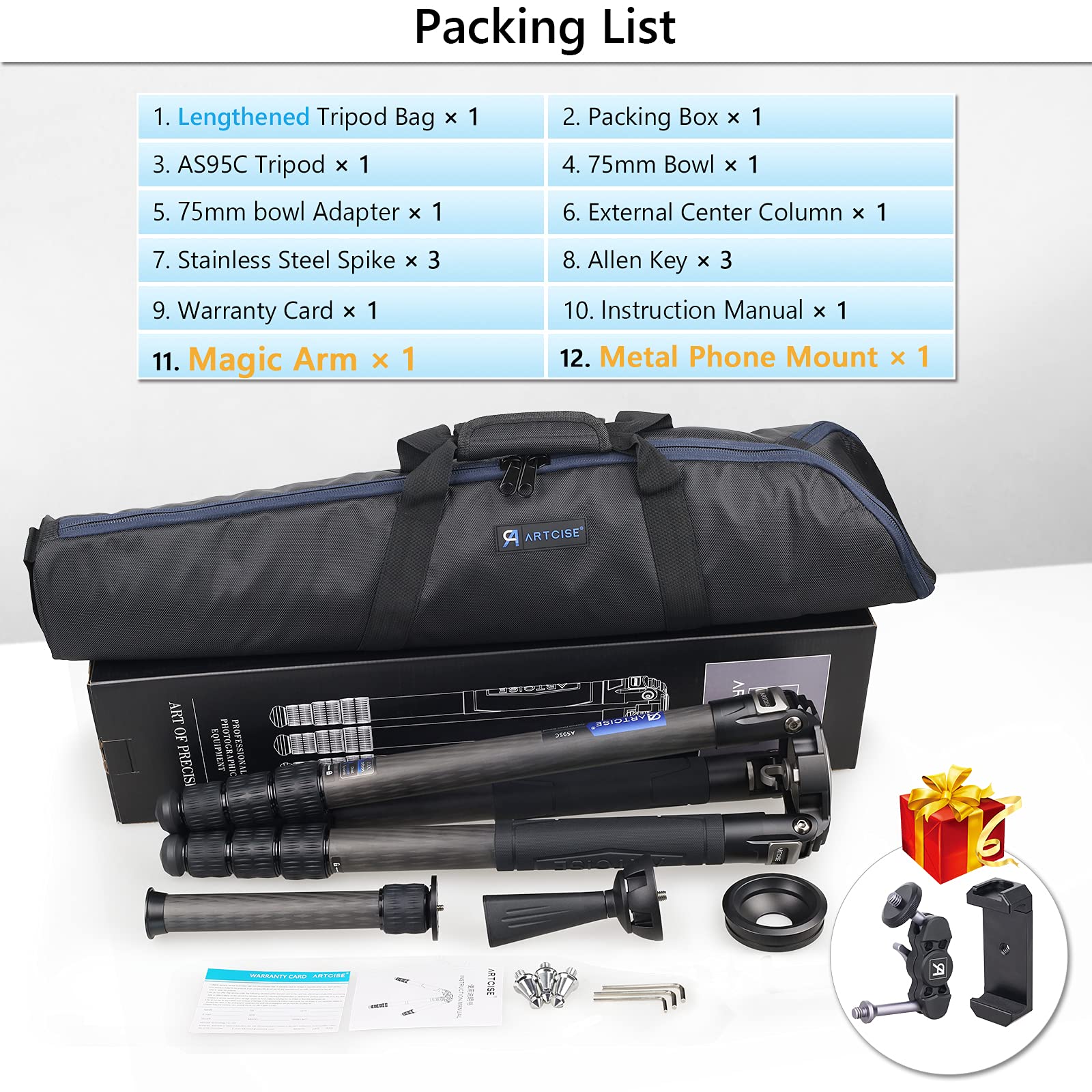 10 Layers 40mm Carbon Fiber Tripod with External Center Column - Ultra Stable Professional Heavy Duty Carbon Bowl Tripod for DSLR Cameras - CNC Cellphone Clip & Aluminum Magic Arm Kit - Max Load 88 Lbs/40kg - Perfect for Outdoor Photography, Studio Shoots, and Travel Videography