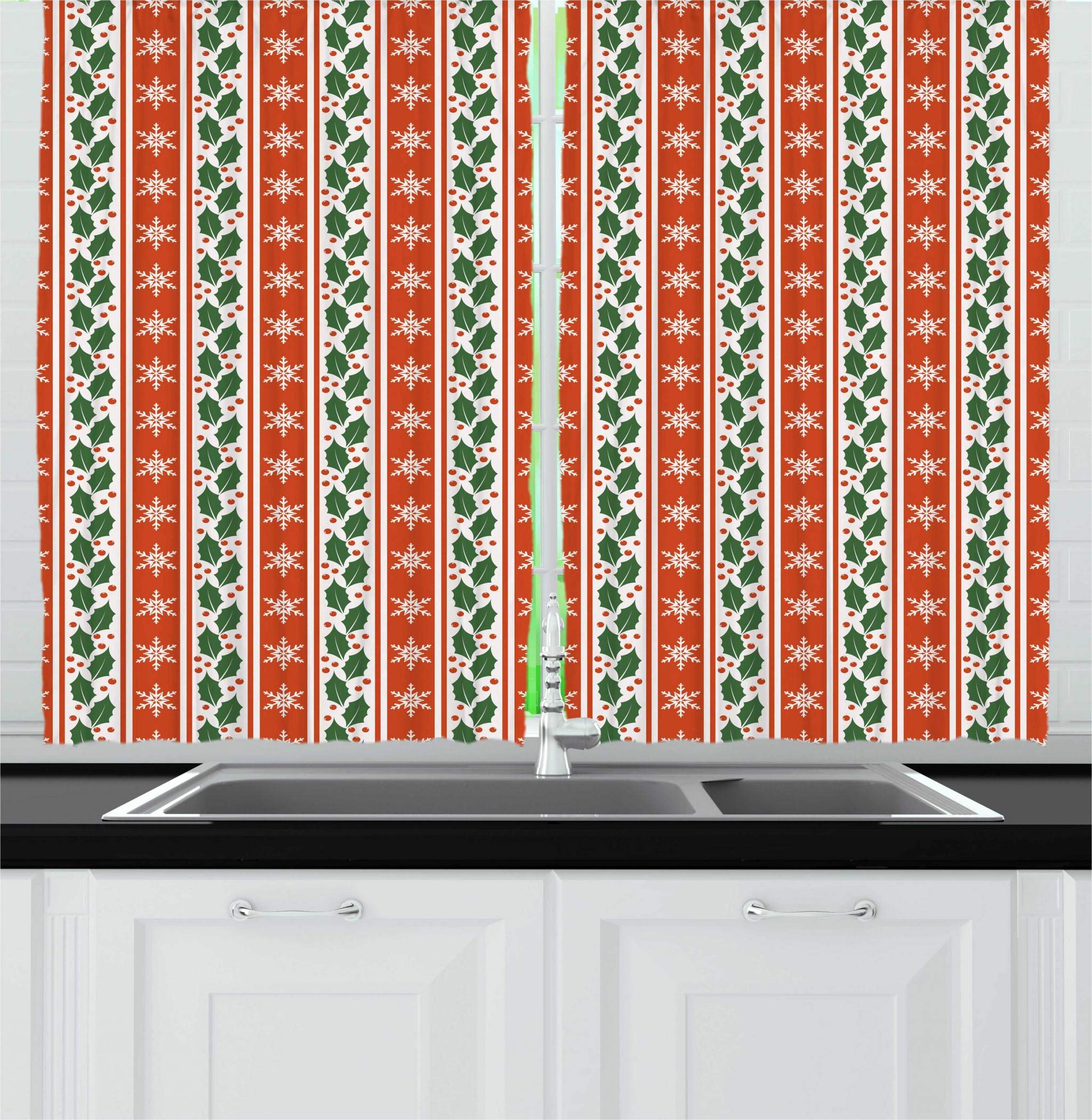 Ambesonne Snowflake Kitchen Curtains Set of 2 Panels - Christmas Holly Berry Leaves & Snowflakes Design, 55