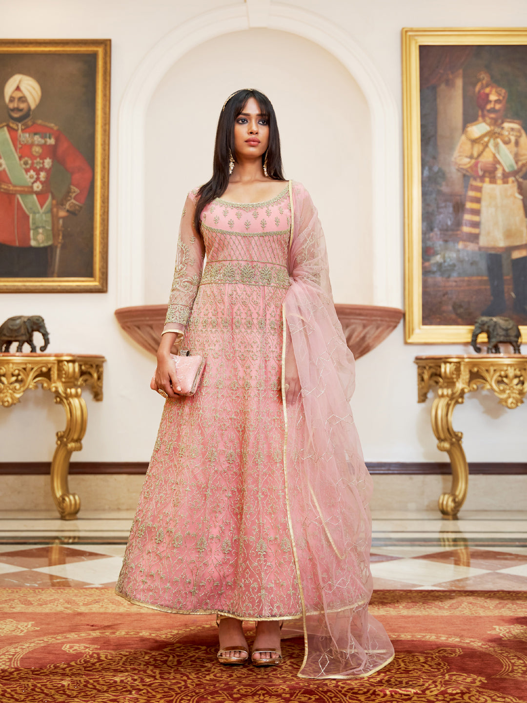 Elegant Baby Pink Traditional Heavy Semi Stitched Net Anarkali Suit with Intricate Embroidery Work - Perfect for Weddings, Festivals & Special Occasions