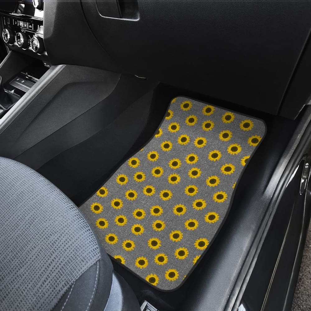 Premium Sunflower Pattern Gray Burlap Car Floor Mats - Non-Slip, Durable & Stylish for SUVs, Sedans & Trucks - Perfect for Road Trips & Daily Commutes