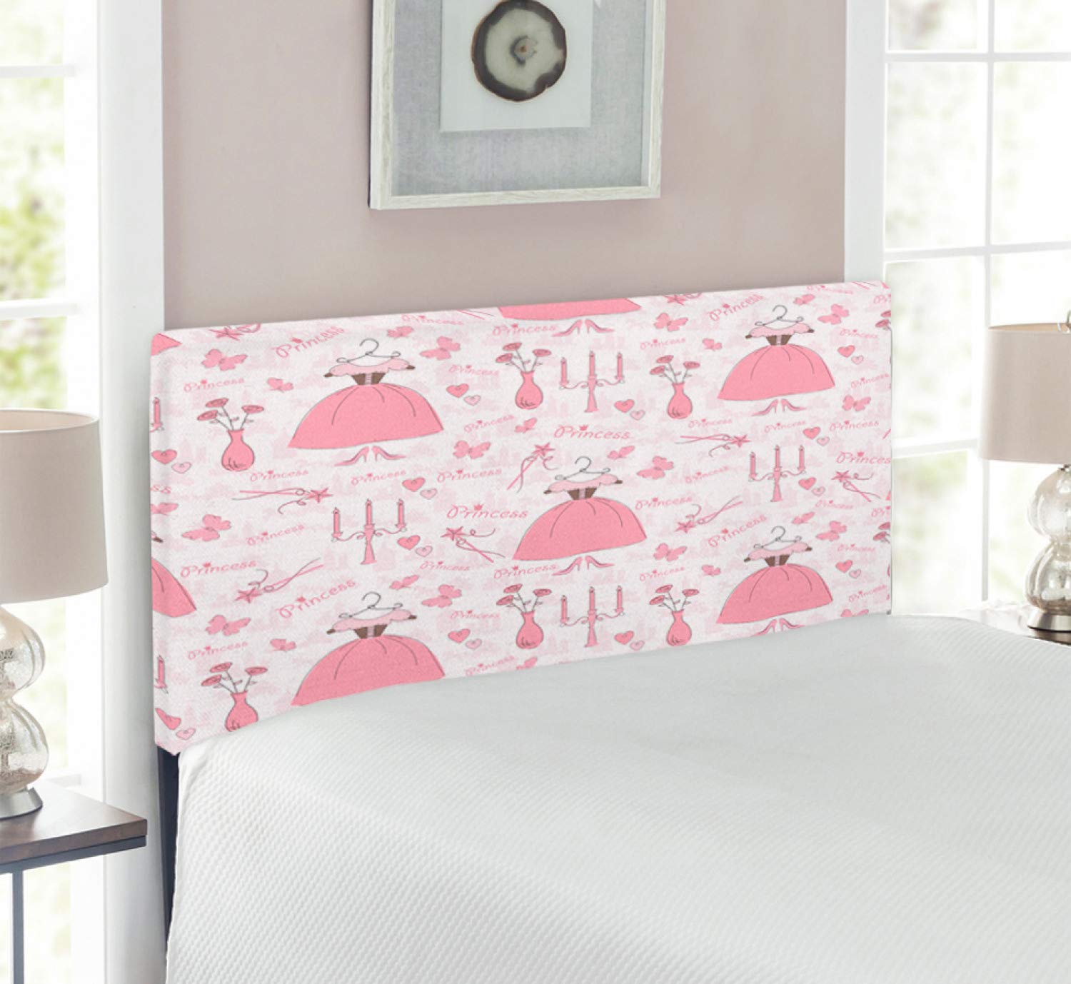Ambesonne Cartoon Headboard - Twin Size Upholstered Decorative Metal Bed Frame with Memory Foam in Rose Pale Pink & White | Mystic Candle Bouquet Dress Pattern | Perfect for Kids' Bedrooms, Dorm Rooms & Themed Decor