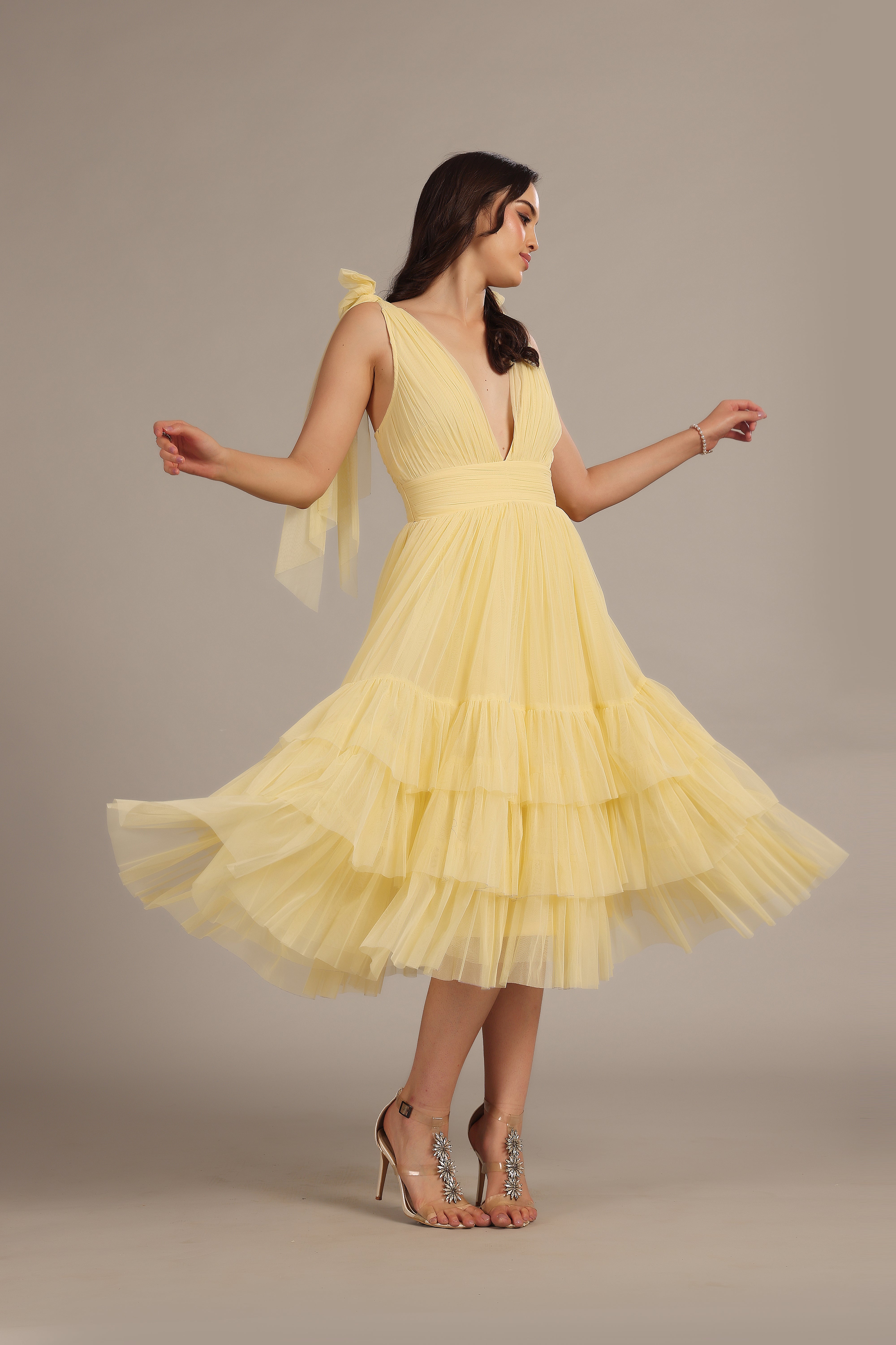 Buttercup Yellow Bow Shoulder Madison Midi Dress for Women | Elegant Party & Wedding Guest Outfit | Summer Cocktail & Formal Occasion Wear