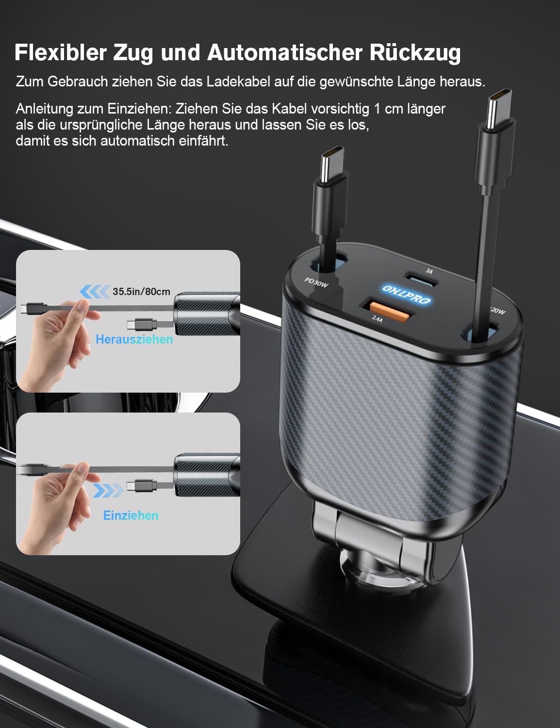 OHLPRO Retractable Car Charger, 4-in-1 Cigarette Lighter Fast Charger with USB-C & 2 Type-C Cables - Compatible with iPhone 16/15 Series & Galaxy Tab - Perfect for Road Trips & Daily Commute