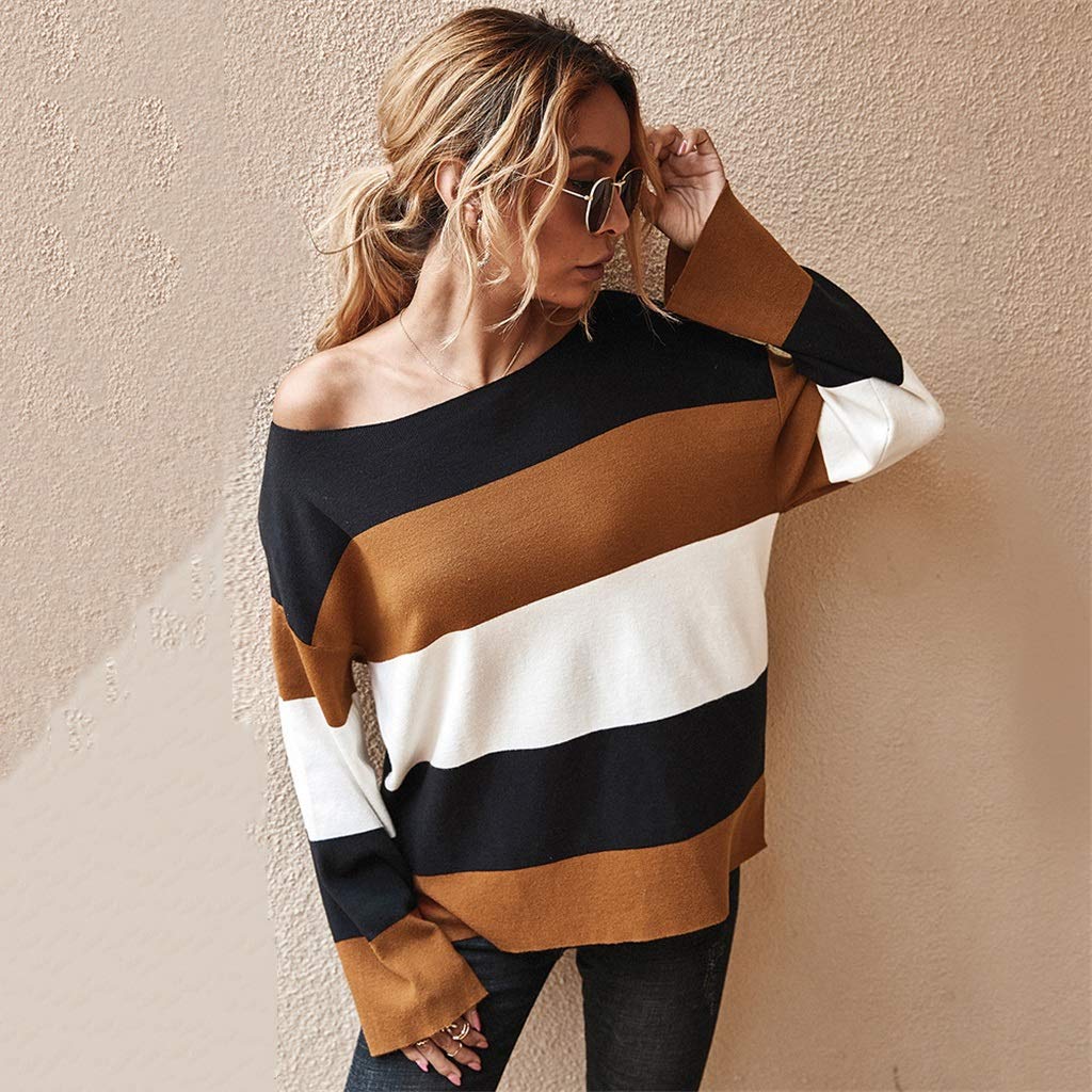 SKREOJF Women's Long Sleeve Baseball T-Shirt - Striped Round Neck Pullover Sweater (Black, Size S) | Casual Outfit for Fall & Winter | Perfect for Work, Dates & Outdoor Activities