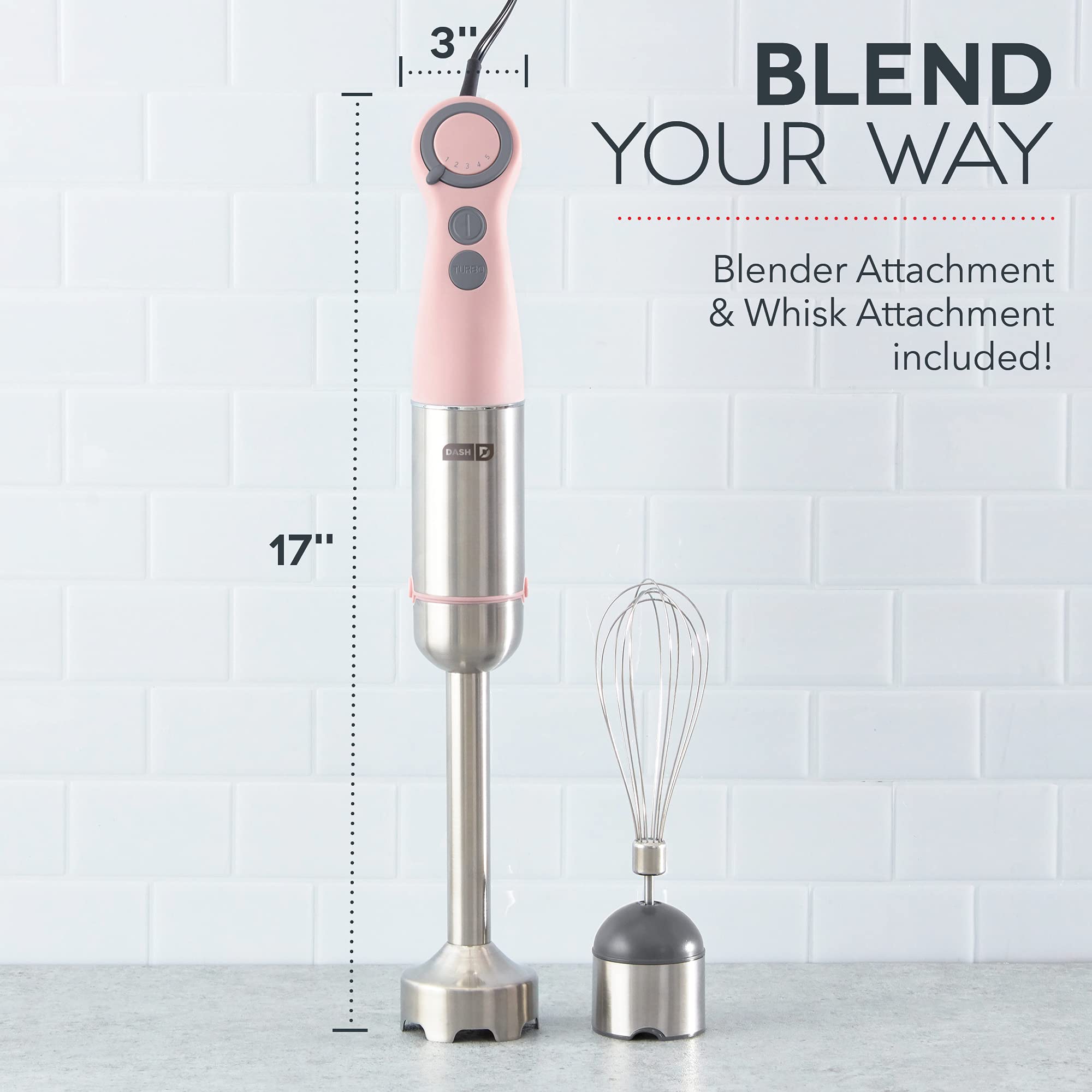 Dash Chef Series 5-Speed Immersion Hand Blender with Stainless Steel Blades & Whisk Attachment - Pink | Perfect for Smoothies, Soups, Sauces & Baking | Includes Recipe Guide