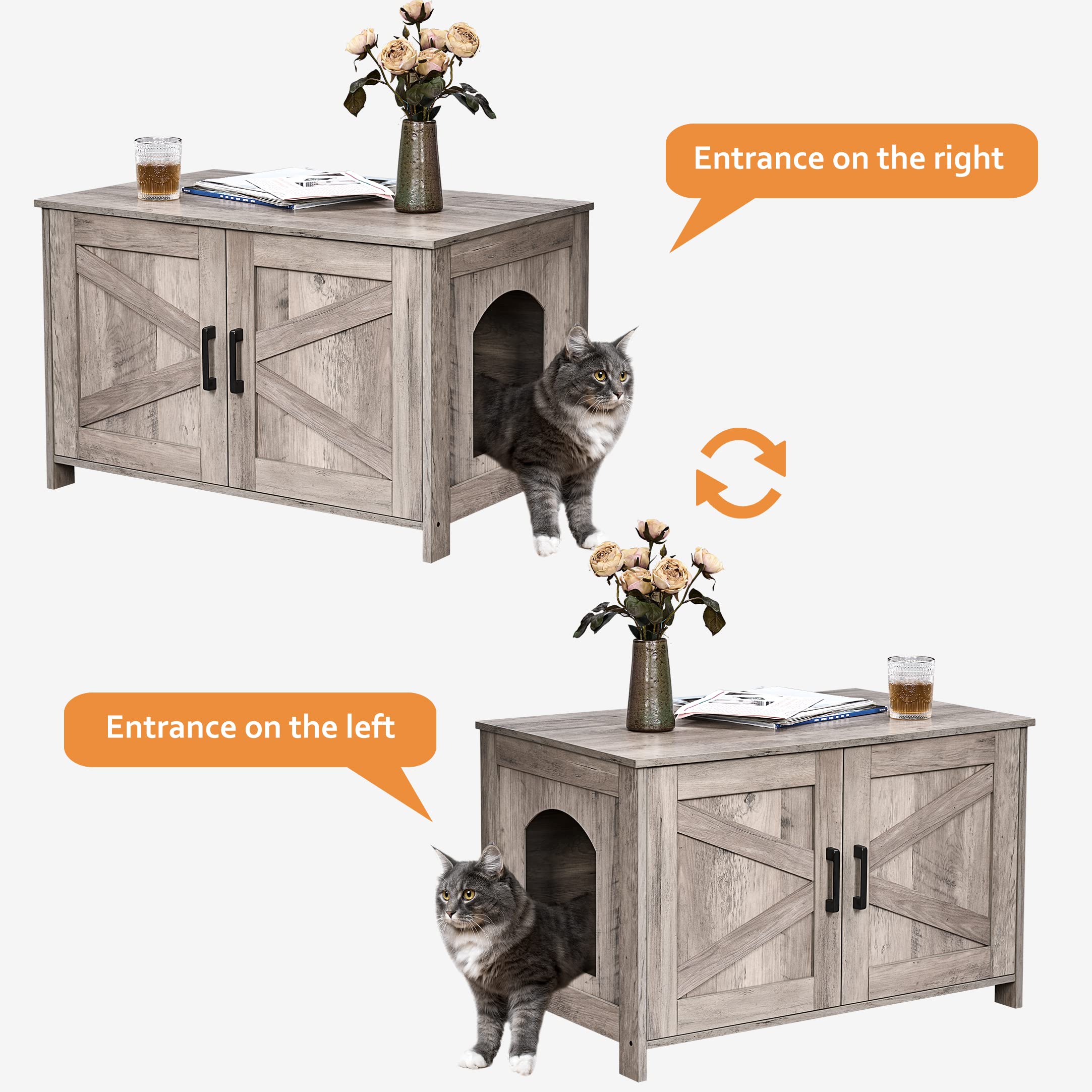 Homhedy Wooden Cat Litter Box Enclosure - Modern Cat Washroom Furniture with Barn Door | Fits Most Litter Boxes | Greige Finish | Perfect for Small Spaces & Home Decor