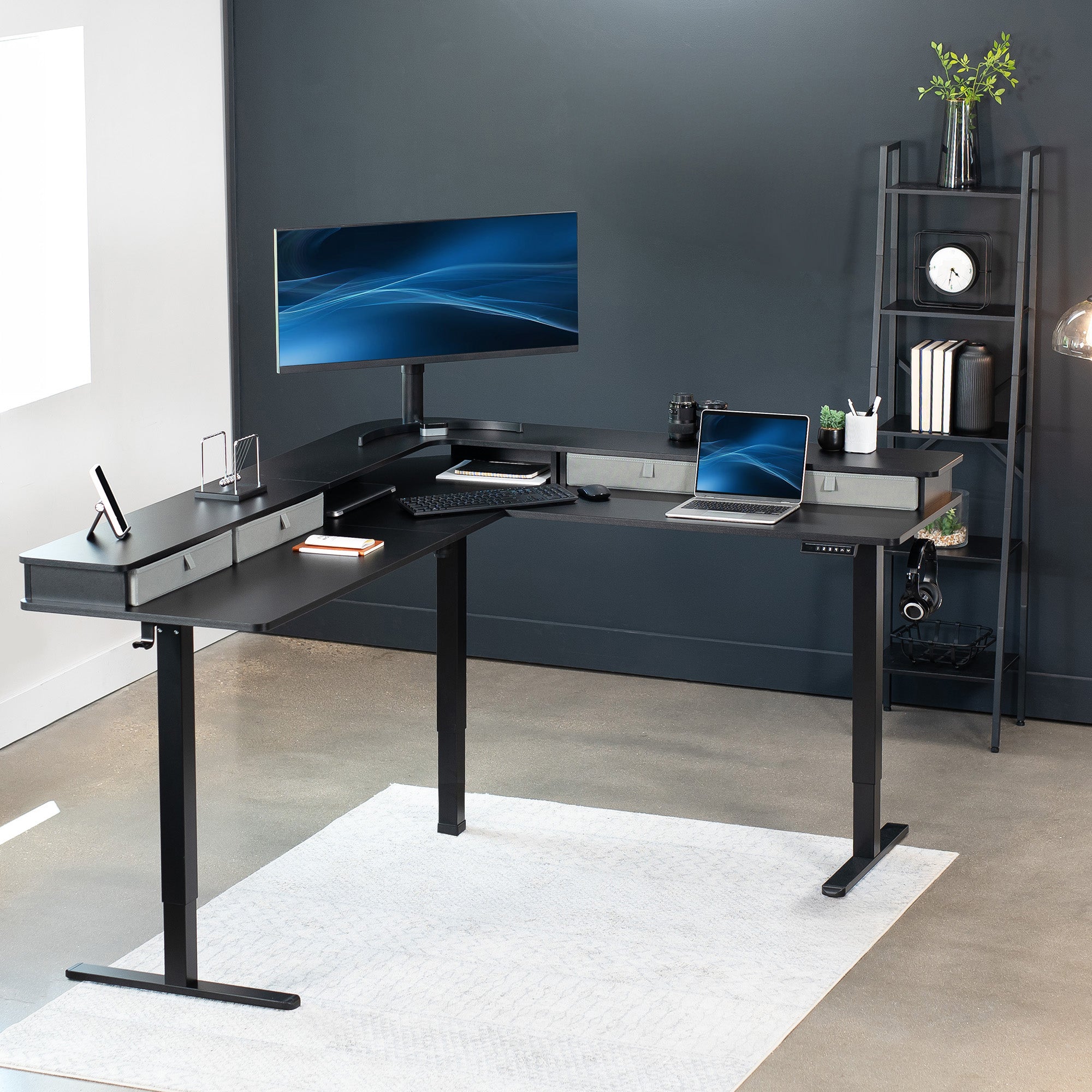 E3CV Series Two Tier Corner Electric Desk with Storage - Adjustable Standing Desk for Home Office, Study & Workspace - Perfect for Small Spaces & Ergonomic Workstations