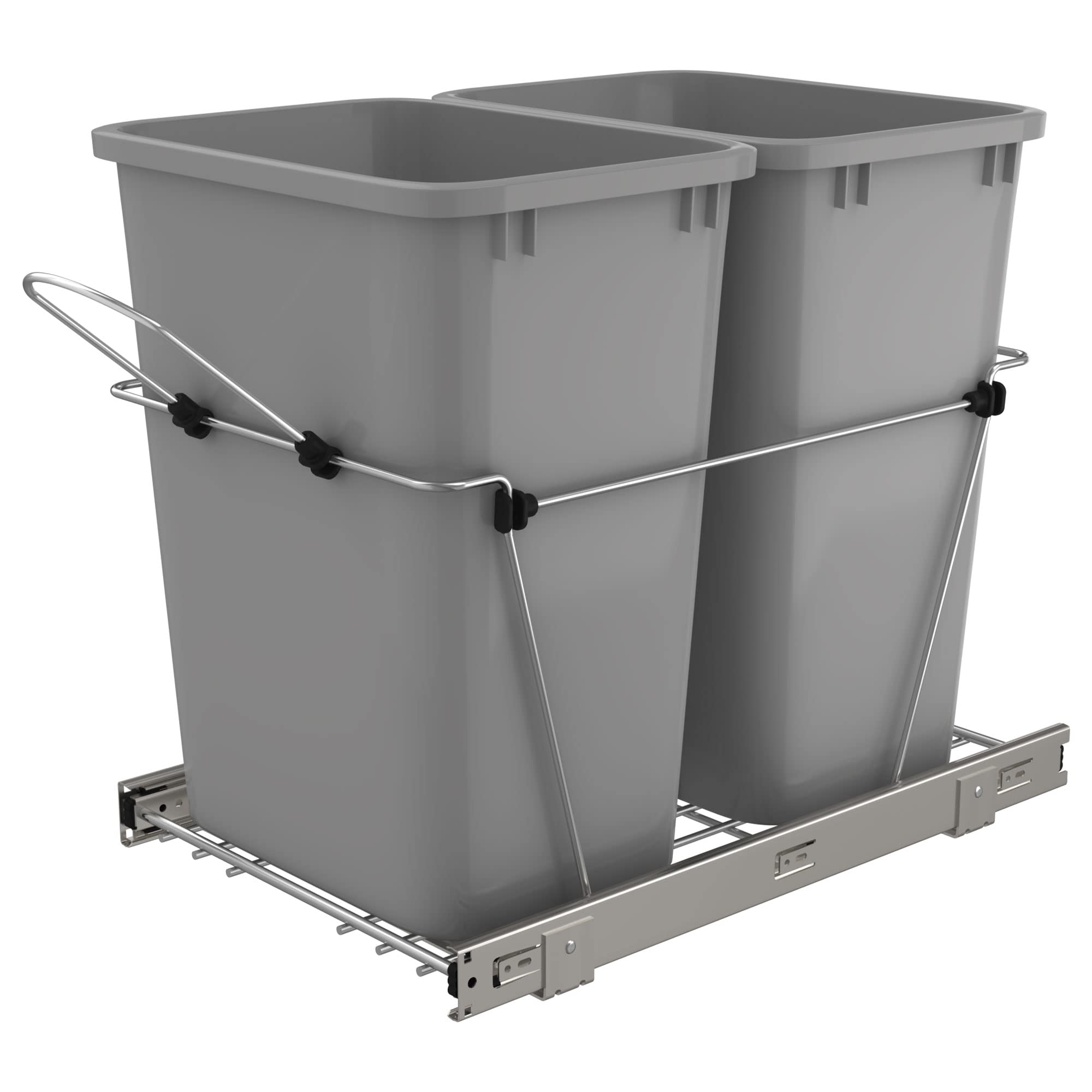 Rev-A-Shelf RV-18KD-17C 35 Quart Heavy-Duty Double Pull-Out Kitchen Cabinet Organizer - Silver Waste & Recycling Bins for Trash, Cans & Storage | Space-Saving Under Sink Solution