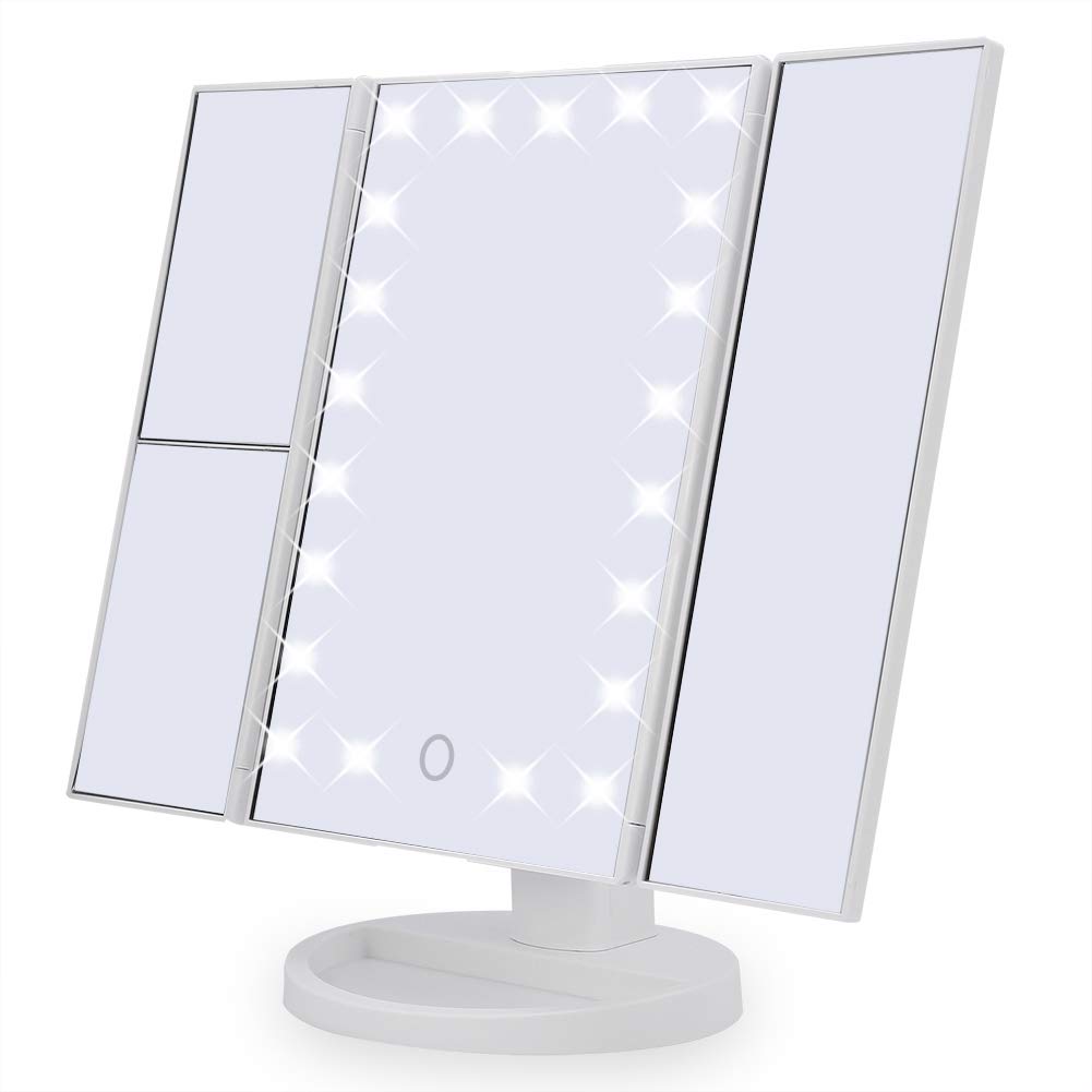 TKSE Makeup Mirror with Lights - 21 LED Tri-Fold Vanity Mirror with 2X/3X Magnification, Touch Screen & 180° Rotation | Portable Desktop Mirror for Makeup, Skincare & Hair Styling (White)