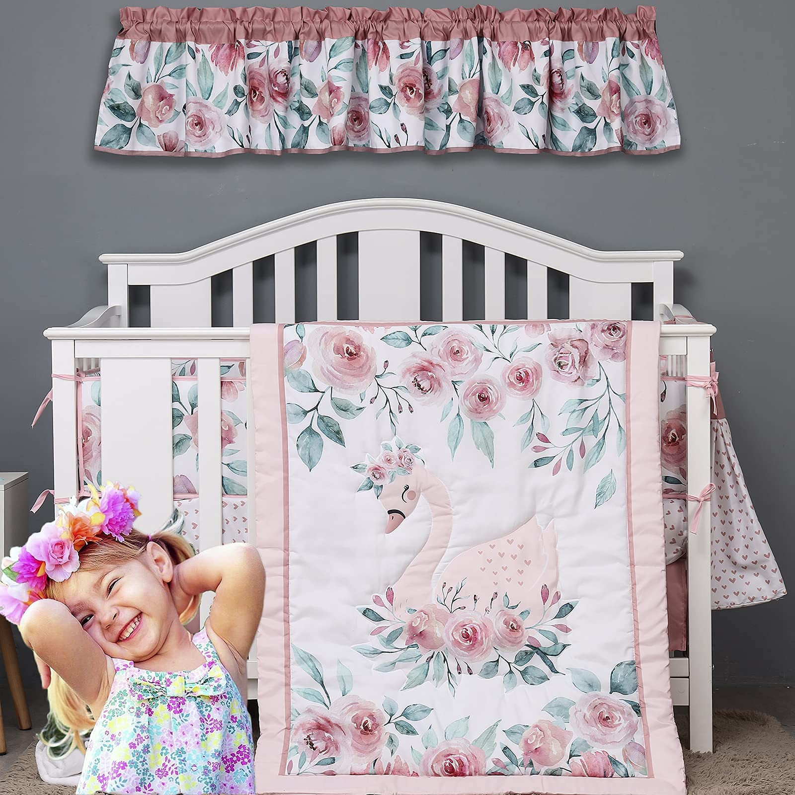 Brandream Farmhouse Floral Baby Crib Bedding Set - 10 Piece Neutral Swan & Animal Nursery Comforter in Pink, Grey & White | Soft & Safe for Newborns | Perfect for Nursery Decor, Baby Showers & Gender-Neutral Themes