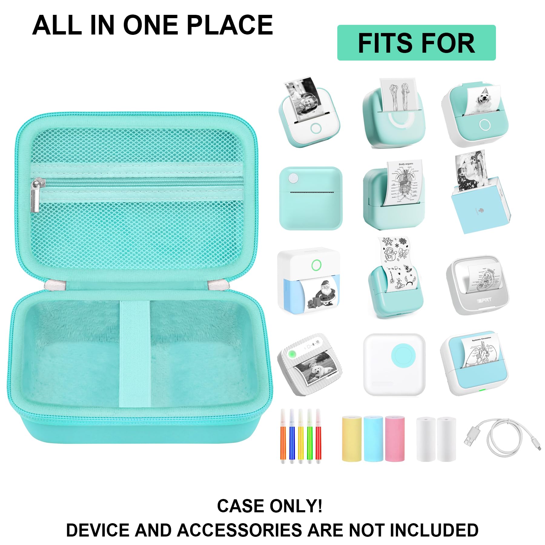 Supmay Hard Protective Case for Memoking T02 Mini Thermal Sticker Printer - Portable Storage Organizer with Mesh Pocket for Printer, Sticker Paper & USB Cable (Green) - Perfect for Home, Office & Crafting Use