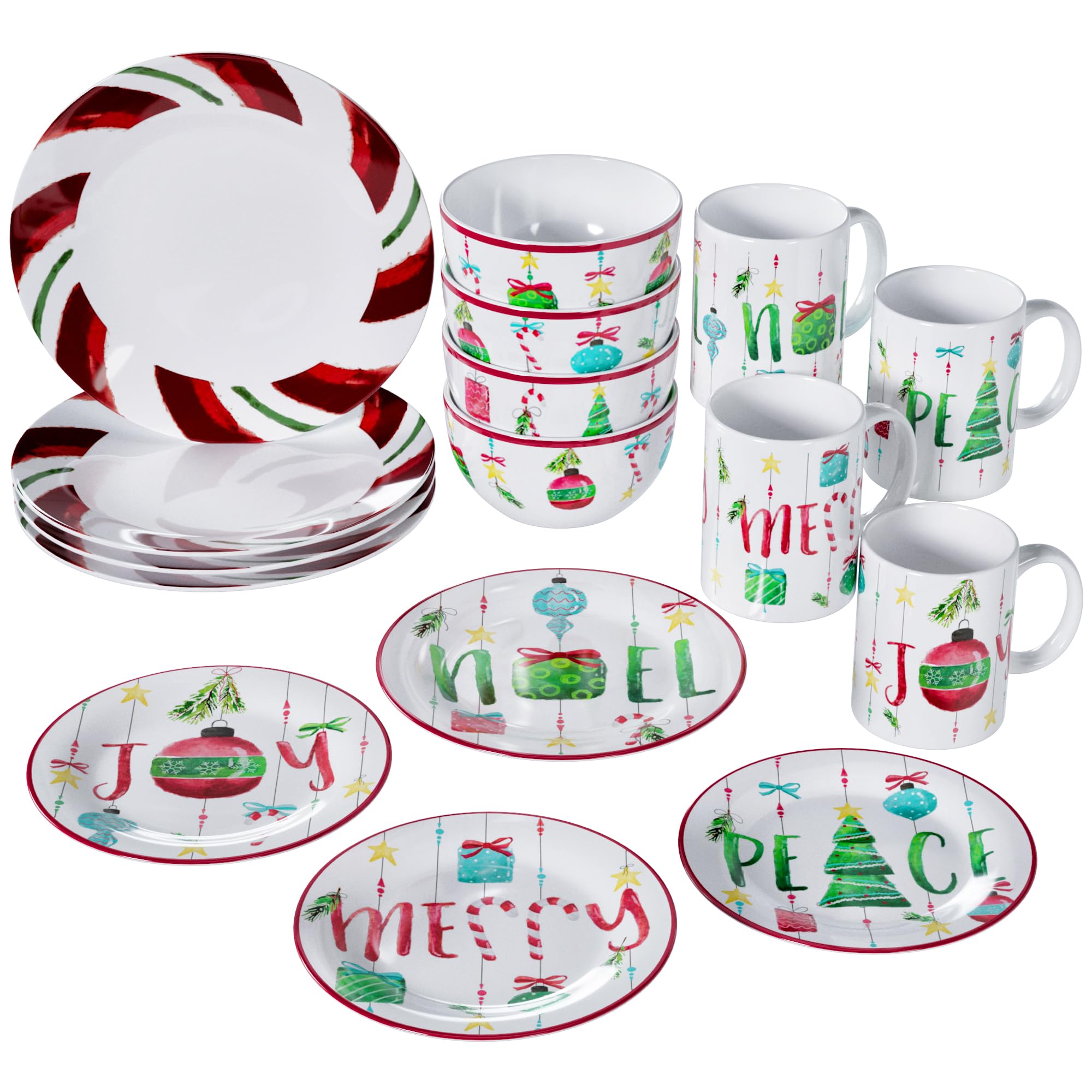 American Atelier 16-Piece Christmas-Themed Stoneware Dinnerware Set in Festive Green & Red | Holiday Table Setting, Christmas Dinner Party, Festive Home Decor