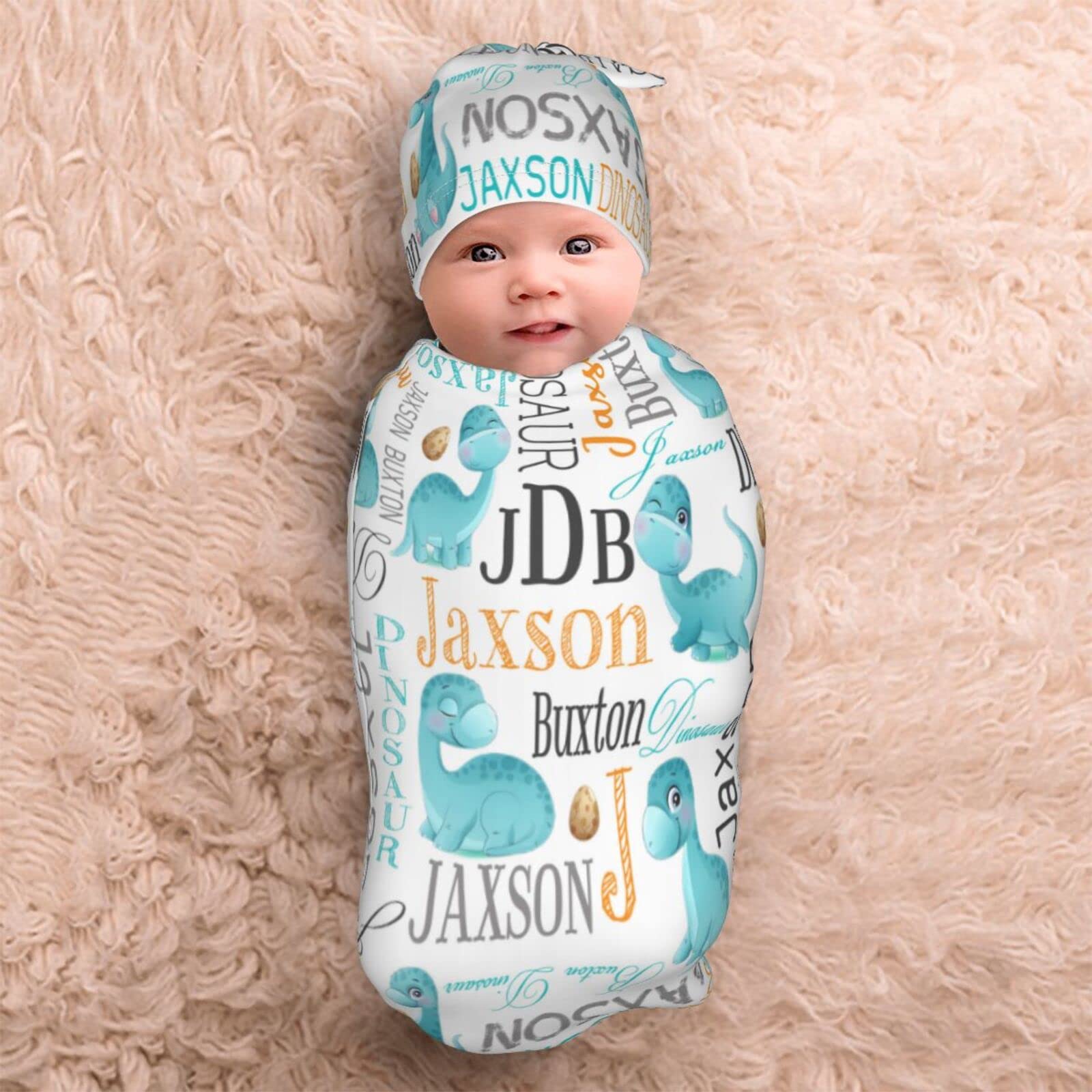 Personalized Baby Swaddle Blanket and Hat Set with Name - Cute Dinosaur Design for Newborn Boys & Girls - Perfect Baby Shower Gift, Photo Prop, and Nursery Essentials