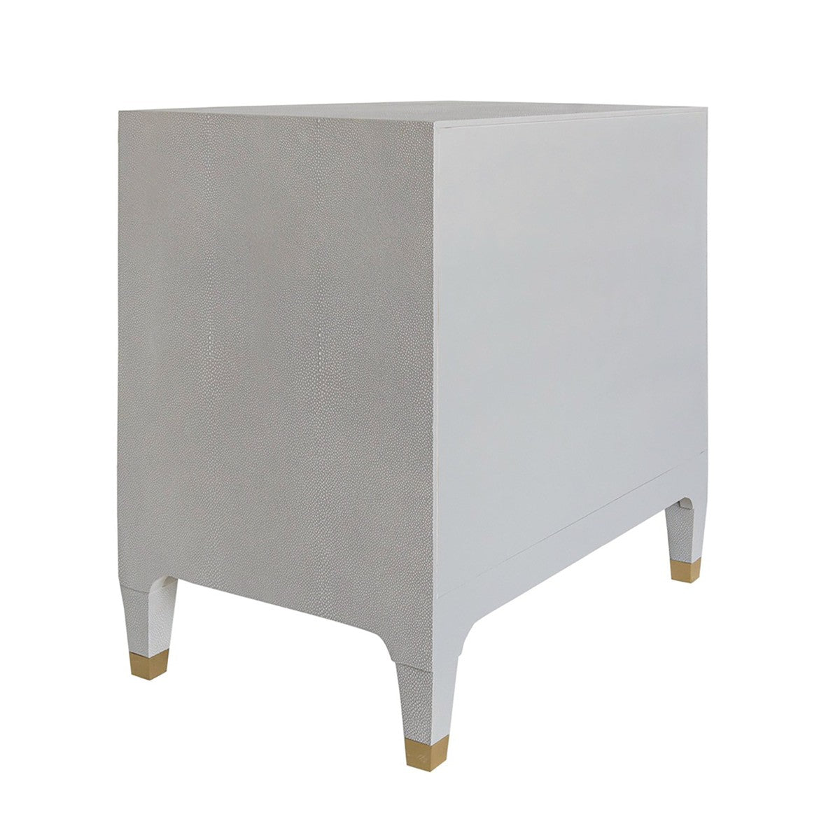 Light Grey Shagreen Three-Drawer Side Table with Antique Brass & Acrylic Hardware - Stylish Nightstand for Bedroom or Living Room Accent Table