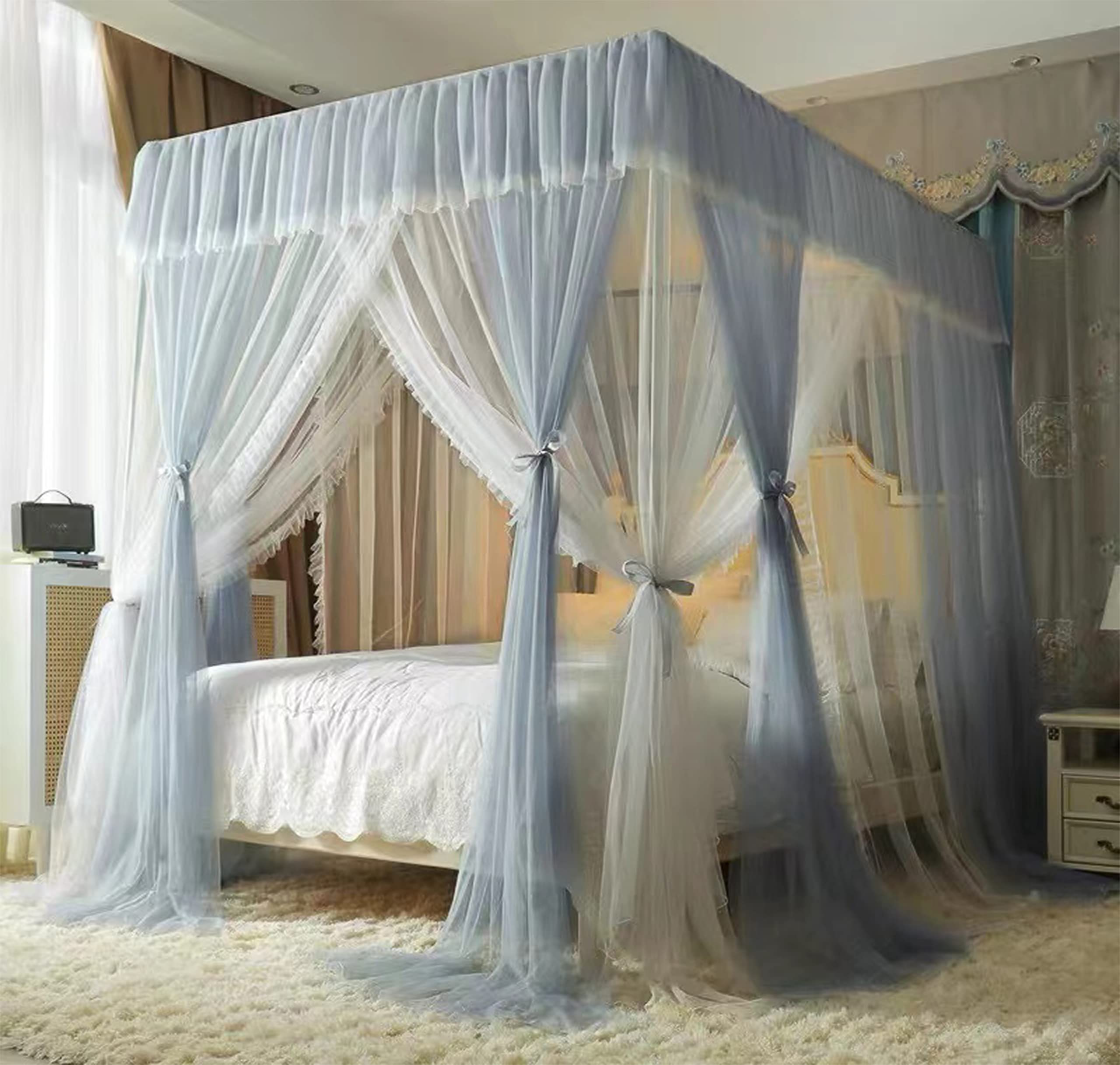 King Size Canopy Bed Frame with Stainless Steel Posts - Heavy Duty Thickened Canopy Frame Bracket for Metal/Wood Beds - Elegant Bedroom Decor for Master Bedroom, Guest Room & Luxury Hotel Suite