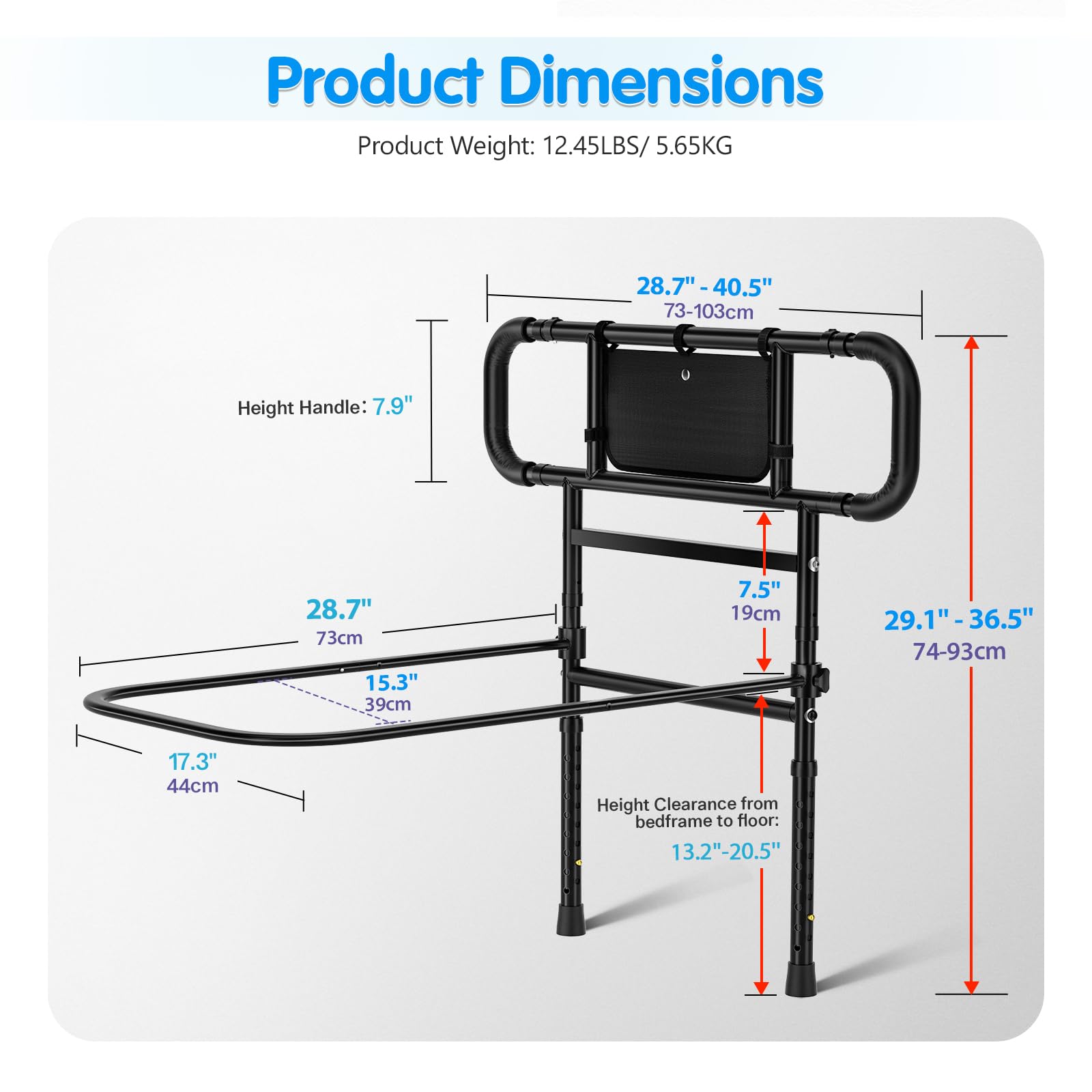 FORTEMOTUS Heavy Duty Bed Rails for Elderly Adults - Foldable Safety Bed Assist Rails with Extendable Guard Rails, Adjustable Height, Storage Pocket & Safety Belt (Supports 450lbs) - Ideal for Senior Home Care & Fall Prevention