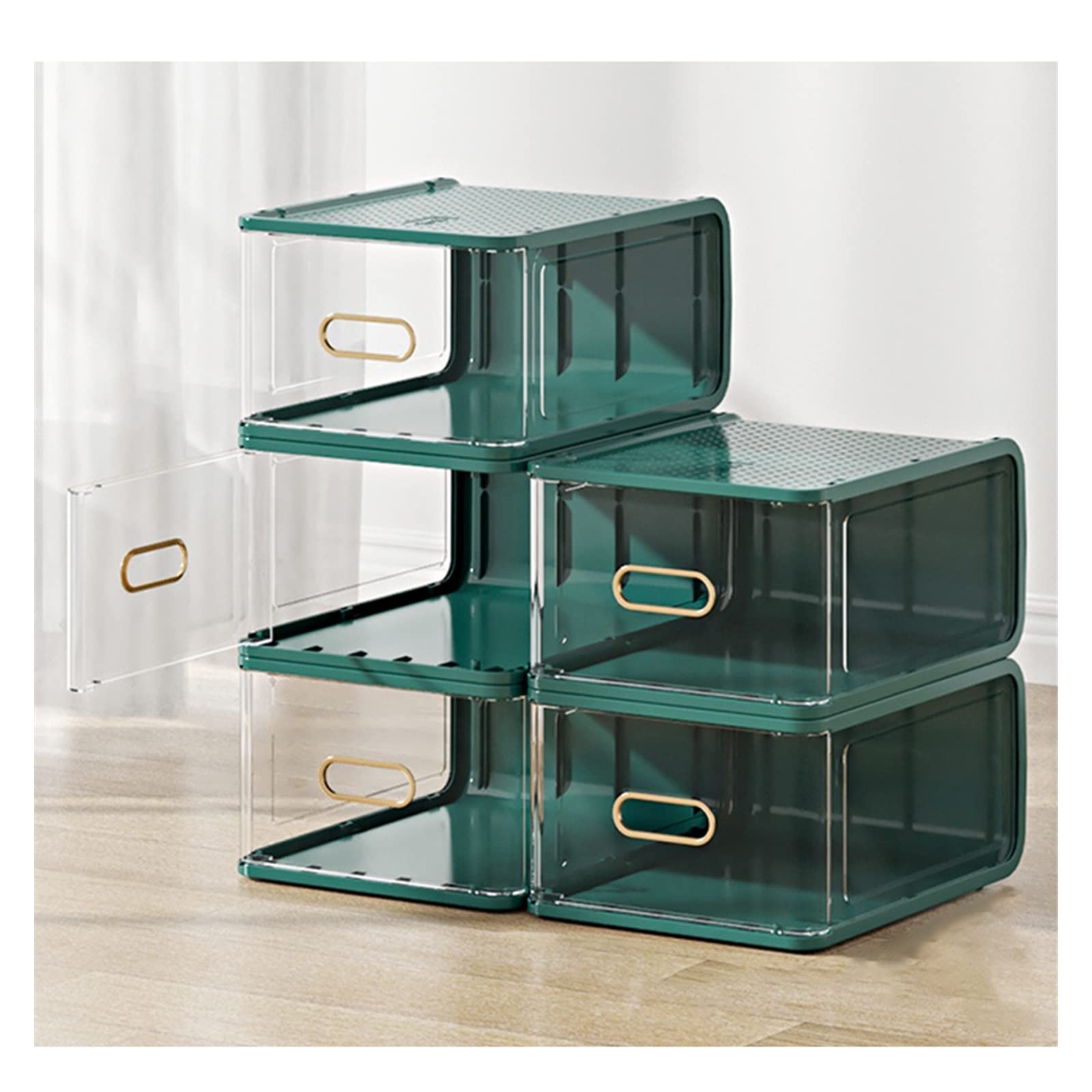 RETENA 5-Pack Clear Plastic Shoe Storage Boxes with Door - Stackable Shoe Organizer for Men, Women & Kids (26.3x34x17.2cm, Green) - Perfect for Closet, Bedroom & Entryway Organization