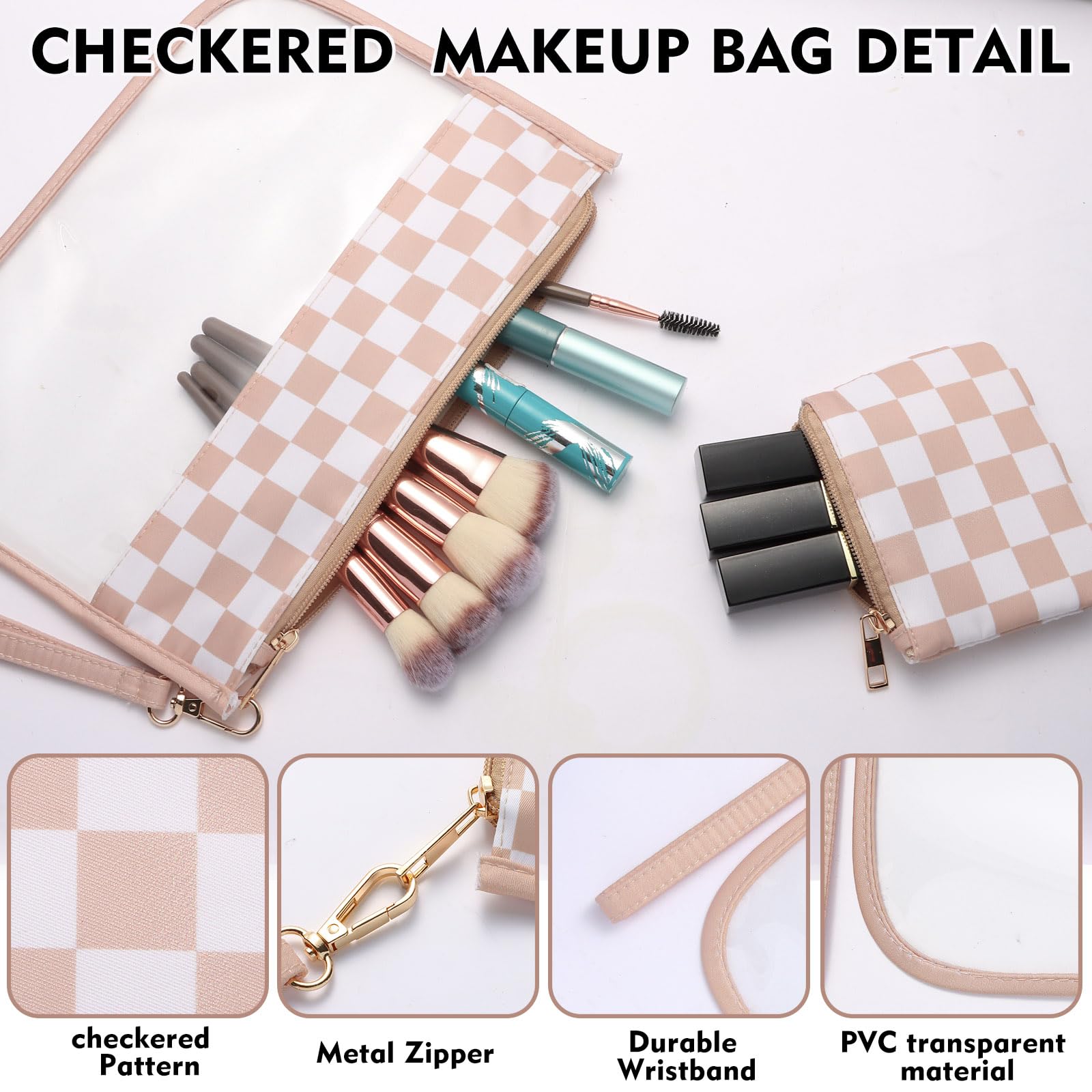 Checkered Clear Makeup Bag for Women - Waterproof Travel Toiletry Pouch & Cosmetic Organizer Storage Bag - Perfect for Travel, Gym, and Daily Essentials (Great Gift Idea)