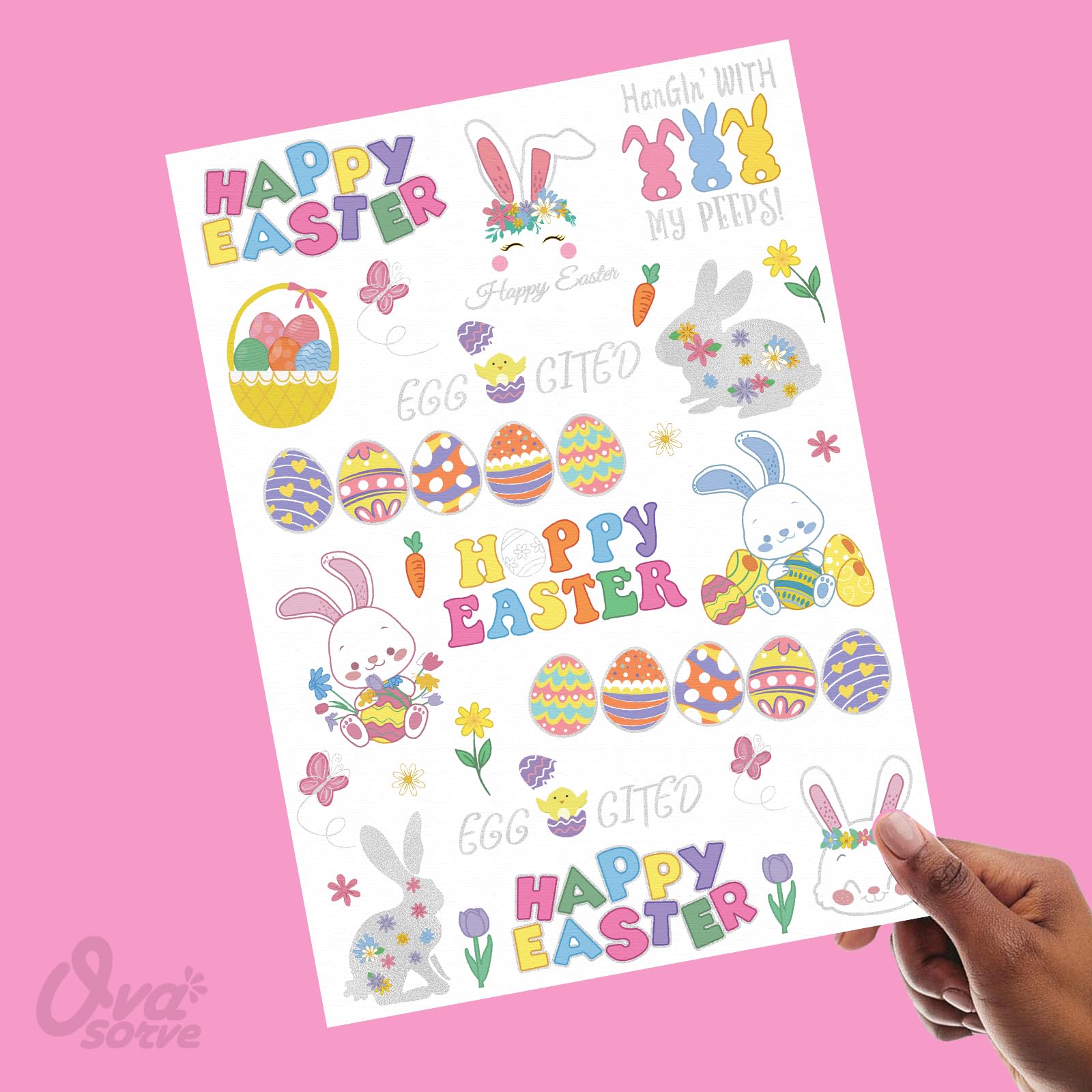 56 Glitter Easter Temporary Tattoos - Bunny & Egg Designs for Easter Basket Stuffers, Spring Crafts & Kids Activities - Perfect for Easter Decorations, Party Favors & DIY Art Projects