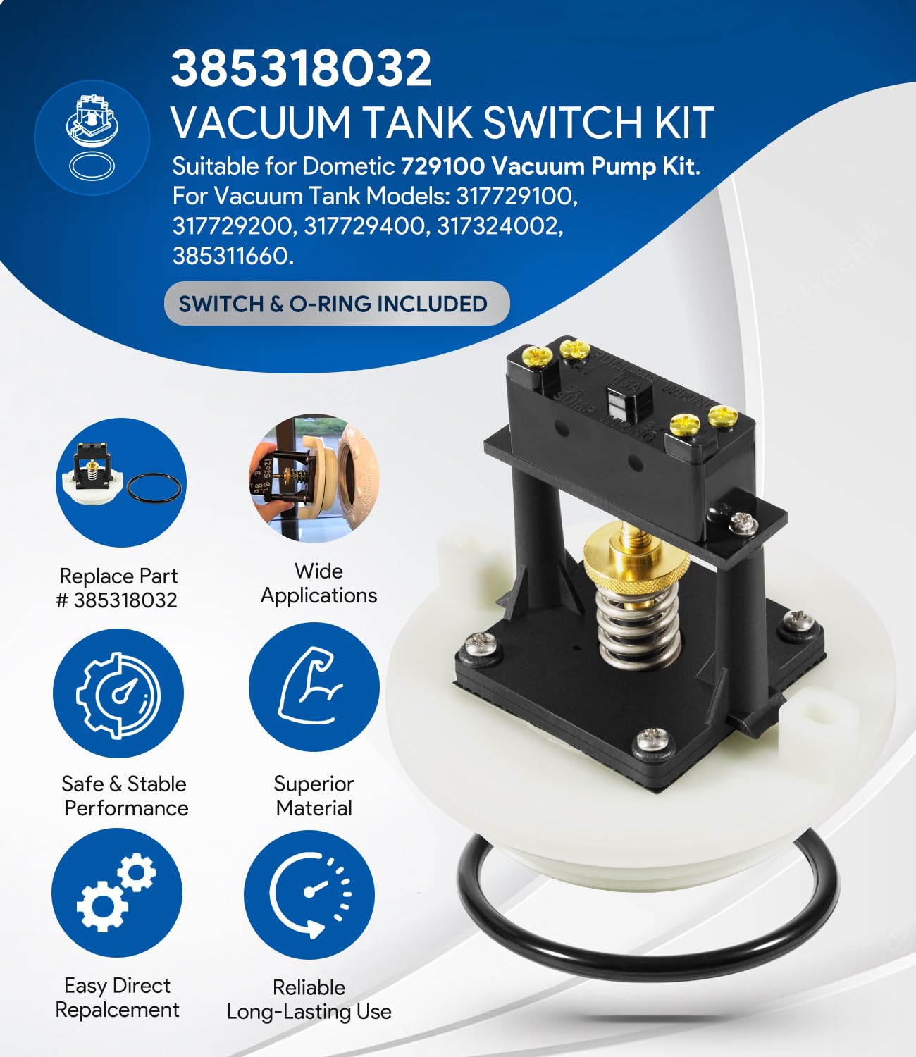 Dometic Sealand 385318032 Vacuum Tank Switch Kit Replacement - White | Compatible with RV Toilet Systems & Marine Sanitation