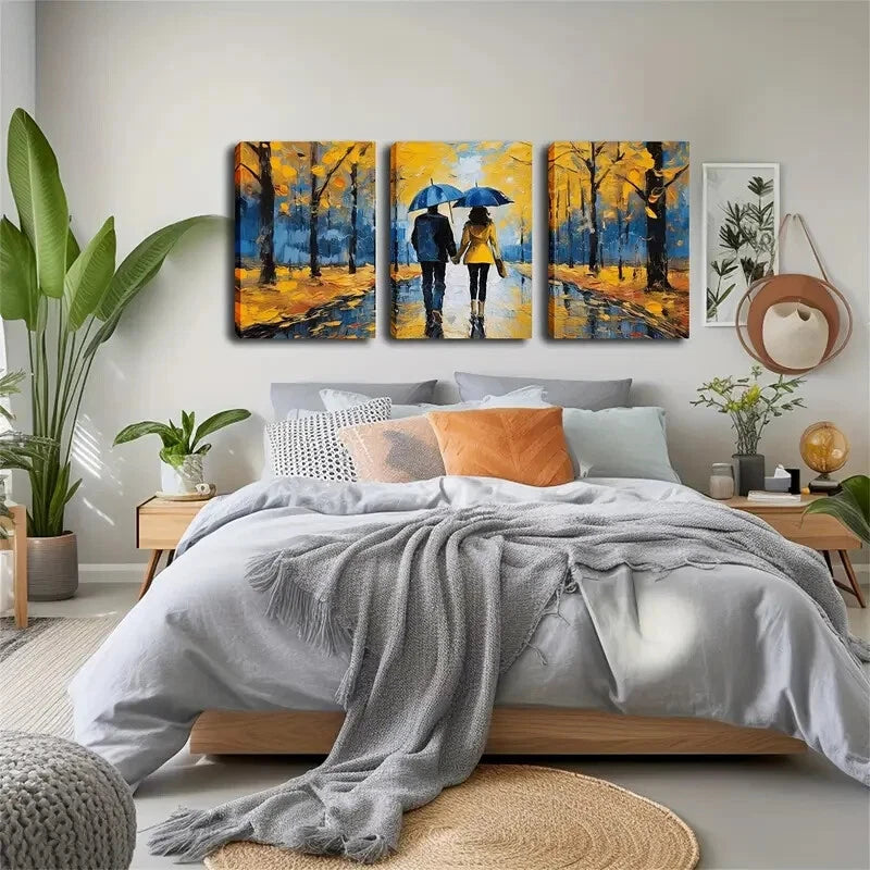 3-Piece Couple Holding Umbrella Wall Art Set - Framed Canvas 40x60cm (16x24in) - High Quality Print - Australian Made - Ready to Hang - Perfect for Living Room, Bedroom & Wedding Gift