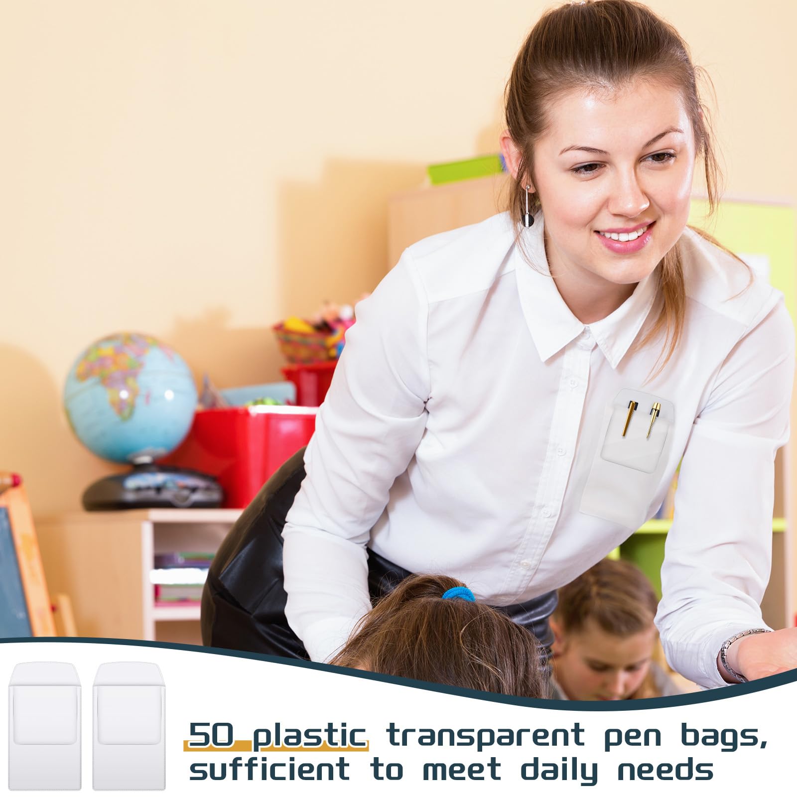 50 Pcs Heavy Duty PVC Pocket Protector - Pen Holder & Organizer Pouch for Shirts, Lab Coats, Pants - Holds Pens, Pointers, Cards & Notes (Clear, Classic) - Perfect for Hospital, Office & School Use