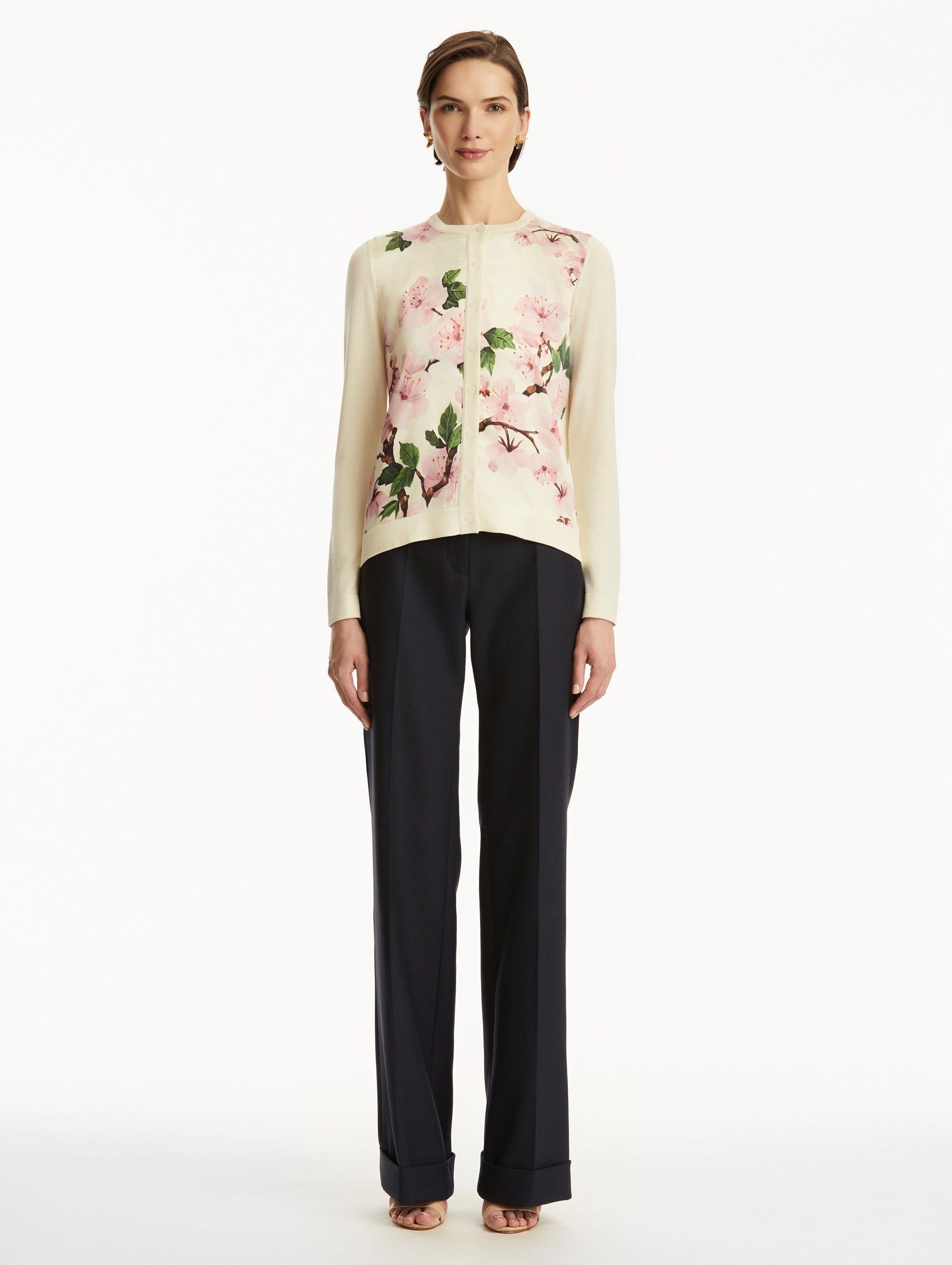 Cherry Blossom Silk Cardigan for Women - Elegant Floral Print Blouse with Silk Inserts - Perfect for Spring Outfits, Office Wear & Special Occasions