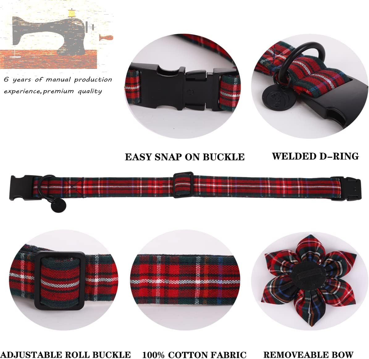 **Christmas Red Plaid Dog Collar with Flower – Adjustable Pet Collar for Small, Medium & Large Dogs – Perfect for Holidays, Photos & Daily Walks**