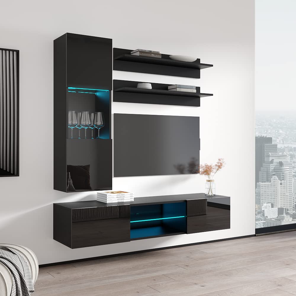 Modern Floating TV Stand with Storage & LED Lights - Wall-Mounted Entertainment Center for Bedroom & Living Room - 33 Inch TV Console with Shelves - Space-Saving Hanging TV Cabinet for Small Apartments & Home Theater Setup - Black