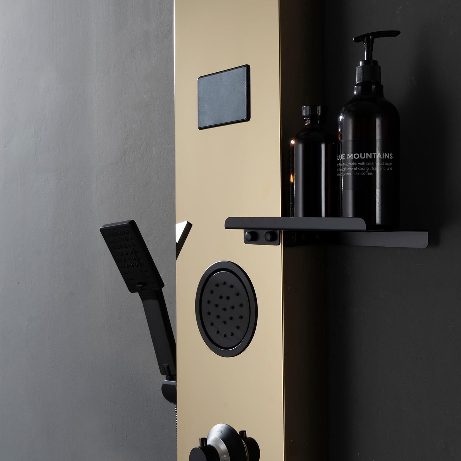 Premium LED Gold Shower Tower System - 304 Stainless Steel Shower Panel with Storage Shelf, Rainfall Shower Head & Massage Body Jets - Luxury Waterfall Bathtub for Modern Bathroom & Lavatory (Perfect for Spa-Like Relaxation & Elegant Home Upgrade)
