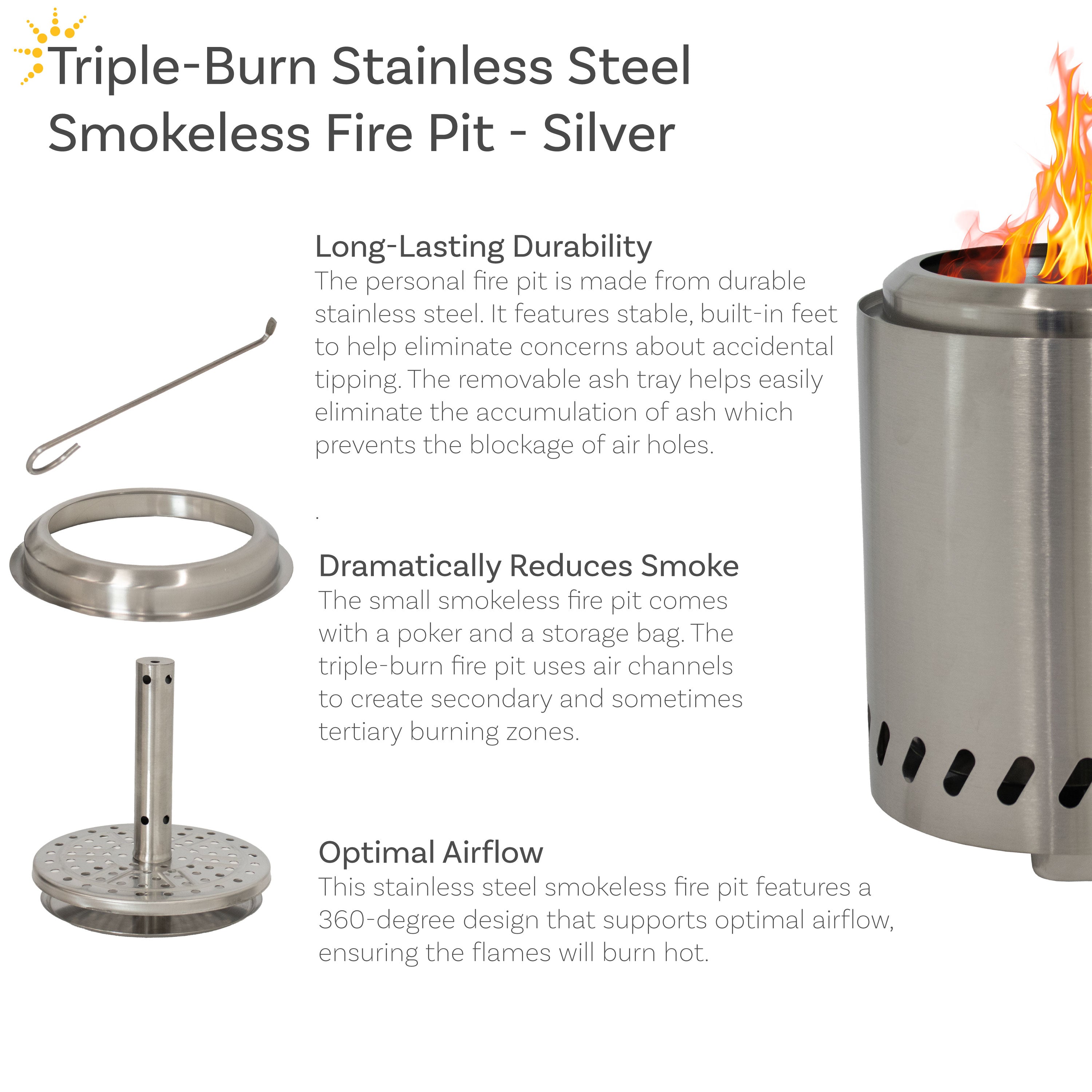 Sunnydaze Smokeless Fire Pit Tabletop - Triple Burn Design for Outdoor Patio, Deck, Camping & Backyard Gatherings