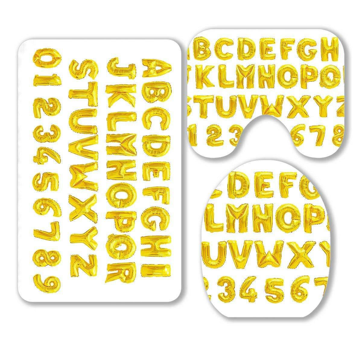 ECZJNT English Alphabet & Numerals Yellow Golden Balloons 3-Piece Bathroom Rug Set - Non-Slip Bath Mat, Contour Mat & Toilet Lid Cover for Modern Home Decor | Perfect for Bathroom, Guest Room & Kids' Room