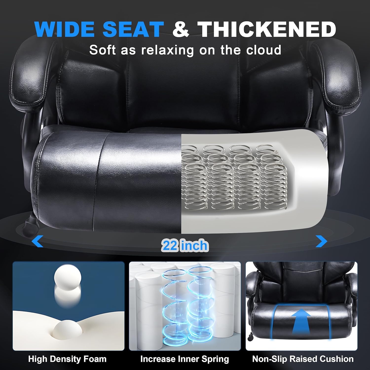 Heavy Duty Big and Tall Office Chair 500LBS Weight Capacity - Ergonomic Executive Chair for Back Pain Relief - Breathable Leather Seat for Long Hours Sitting - Dark Black - Perfect for Home Office, Gaming, and Workspace Comfort