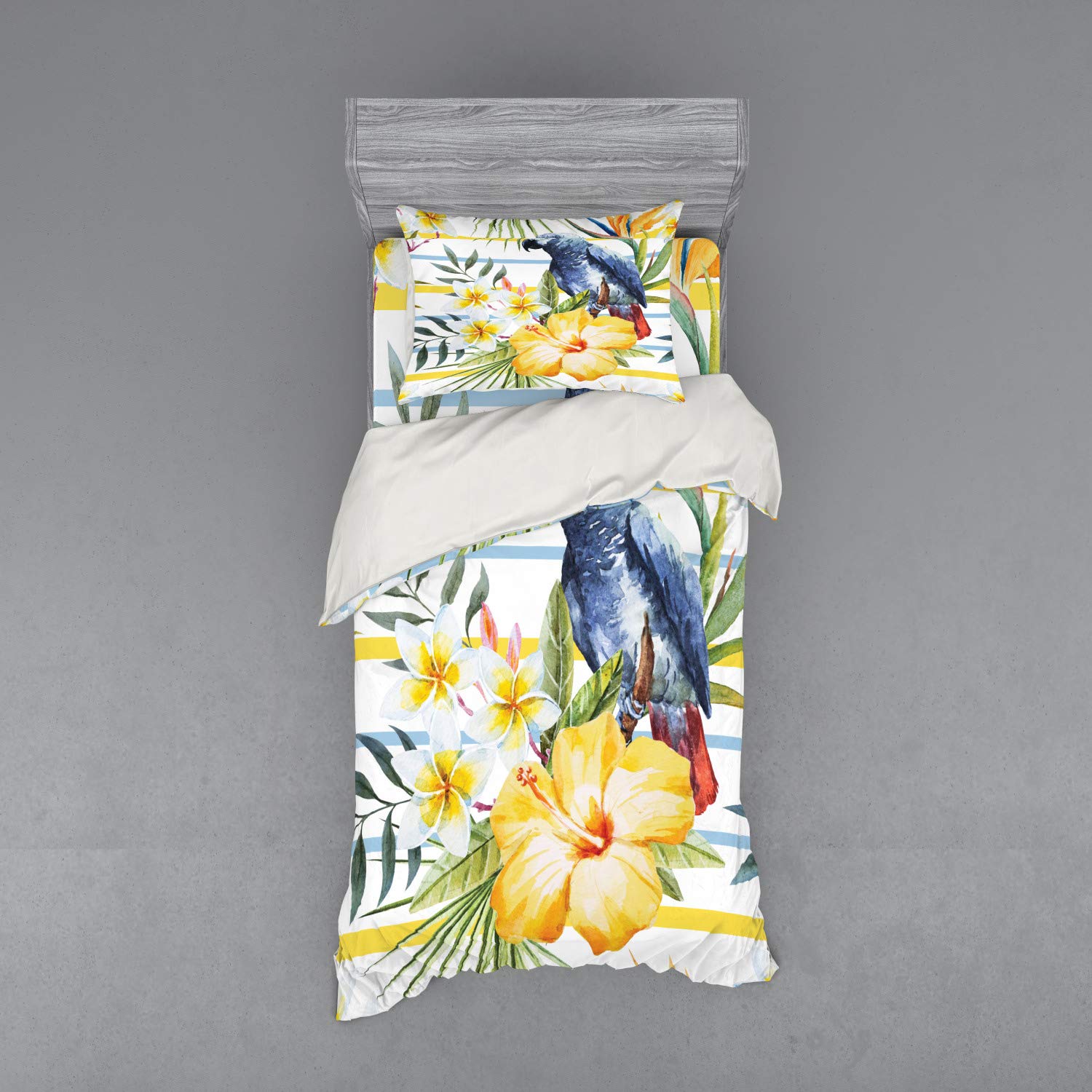Ambesonne Parrot Duvet Cover Set - Tropical Parrot Orchids & Hibiscus Flowers Hawaiian Jungle Print 3-Piece Bedding Set with Sham & Fitted Sheet, Twin Size, Multicolor | Perfect for Beach House, Boho Bedroom & Tropical Theme Decor