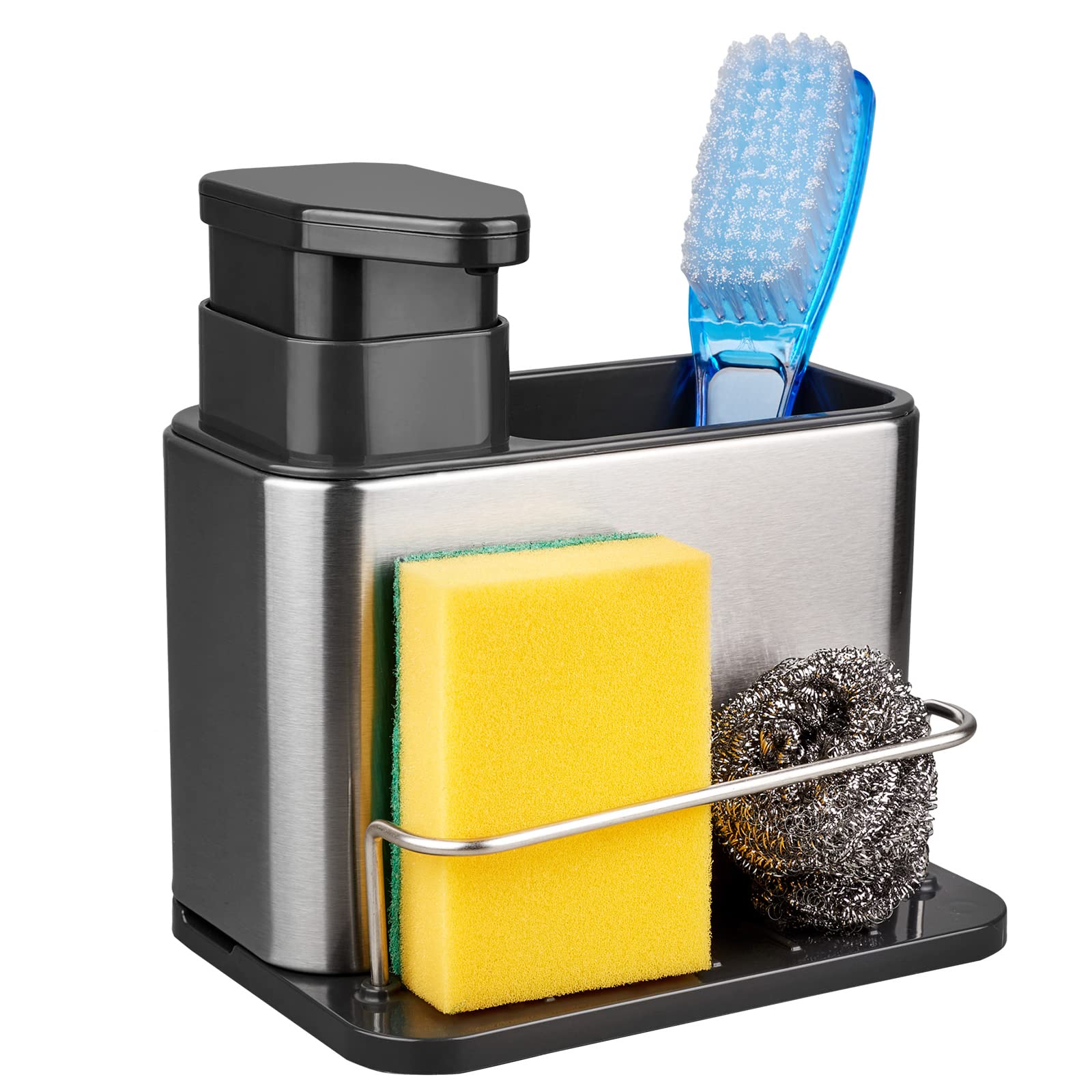3-in-1 Stainless Steel Kitchen Sink Organizer - Soap Dispenser, Sponge Holder & Drainer Rack | Rustproof Countertop Organizer for Dishes & Brushes | Perfect for Small Kitchen Spaces & Modern Home Decor